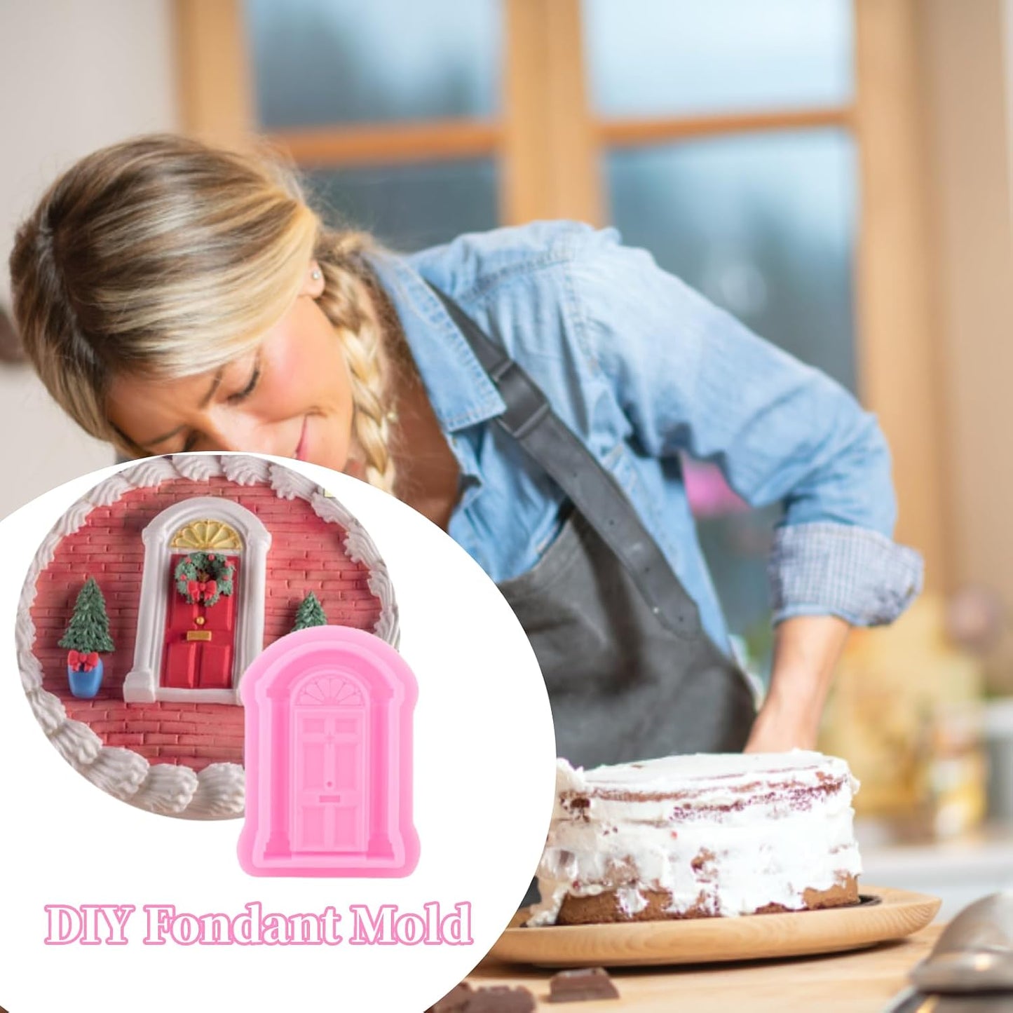2Pcs Window Frame Fondant Cutter Silicone Mold for Cake Decorating with 3D Door House Castle Design Microwave Safe Dishwasher Safe Non Stick Flexible Baking Tool BST202