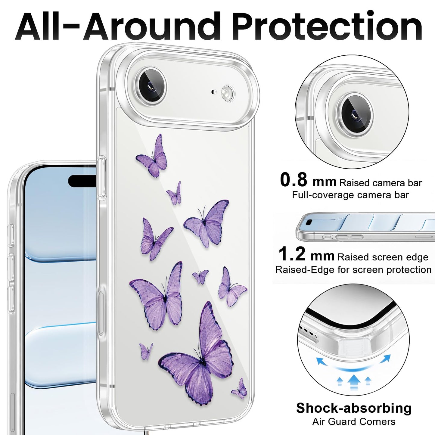 Cute Girly Crystal Clear Case Compatible with iPhone 16 Pro, Camera Control & Shockproof Protection Floral Case for Women, Blue Butterflies WN420