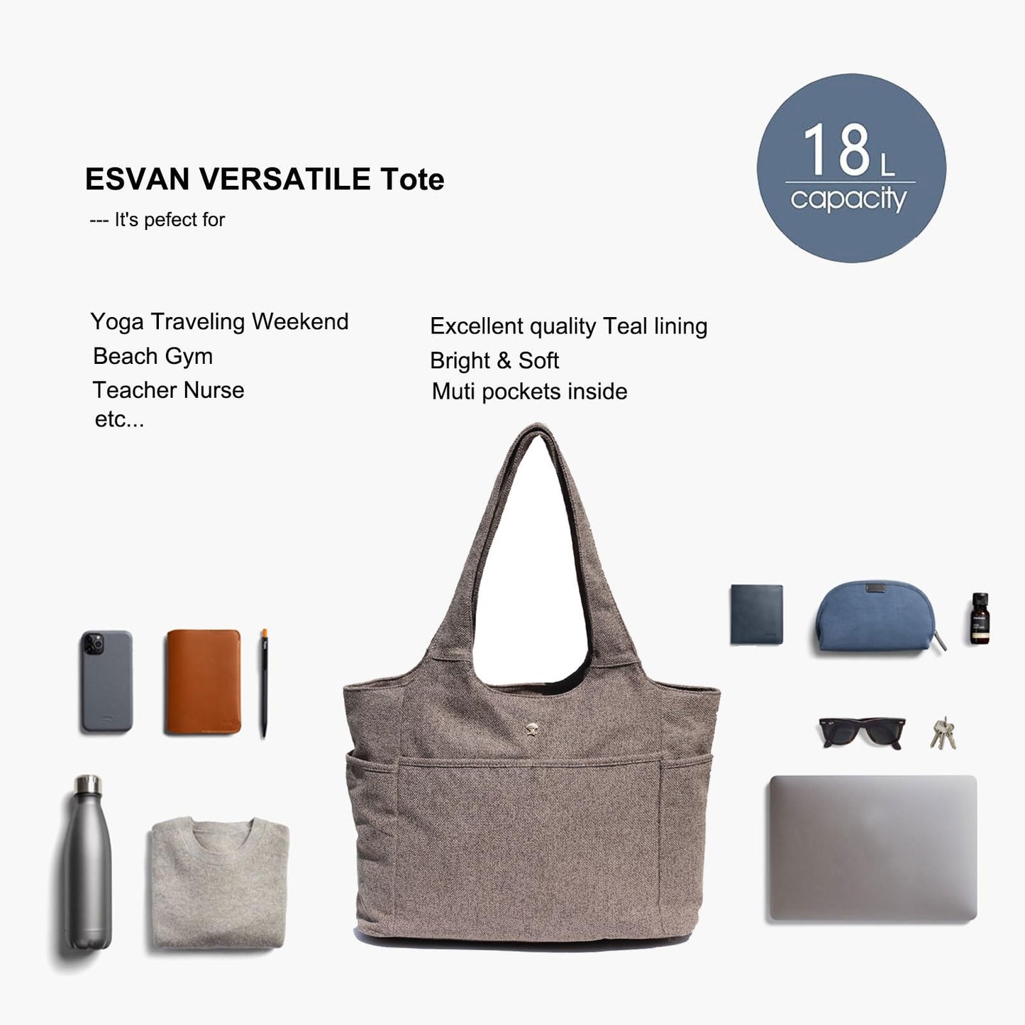 ESVAN Yoga Tote Bag Mat bag Women Shoulder Bags Carryall Tote for Travel Office Workout Gym Nurse Beach BST326H