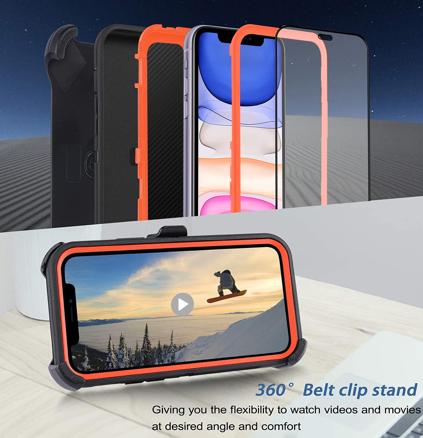 for iPhone 11 Case with Belt Clip Holster Kickstand & 2 Screen Protector, Full Protection Heavy Duty Phone Case, Shockproof Drop-Proof Durable Cover 6.1" [Black+Clip] WN420