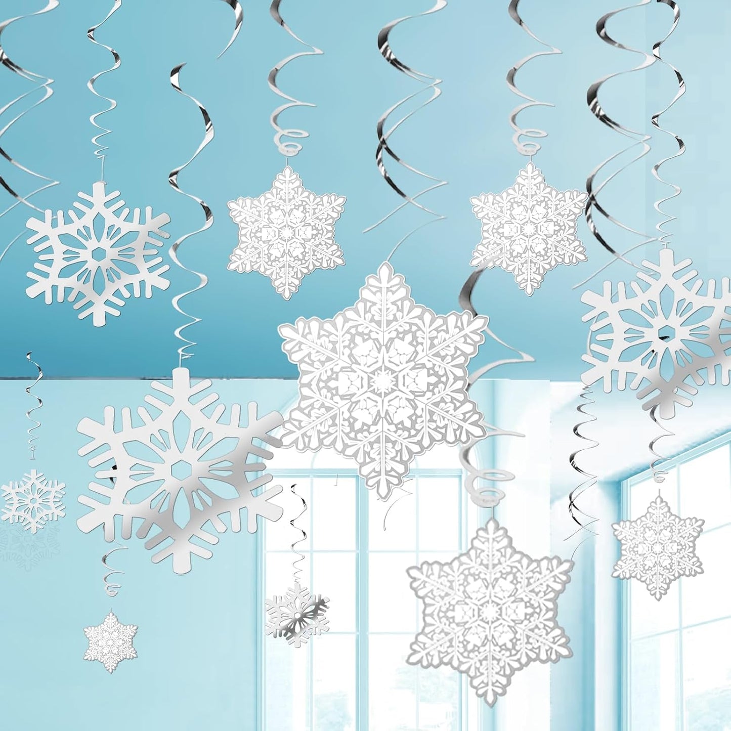 44 PCS Snowflake Christmas Hanging Swirl Decorations, Silver Snowflakes Plastic Streamers Glitter Ceiling Decor for Christmas Winter Holiday New Year Wonderland Party Decoration WN420