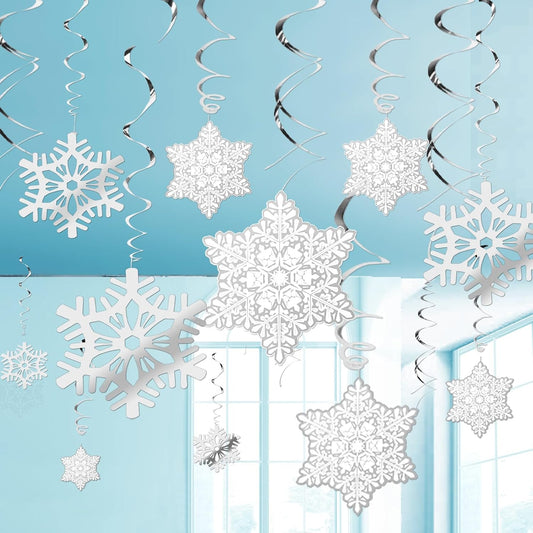 44 PCS Snowflake Christmas Hanging Swirl Decorations, Silver Snowflakes Plastic Streamers Glitter Ceiling Decor for Christmas Winter Holiday New Year Wonderland Party Decoration WN420