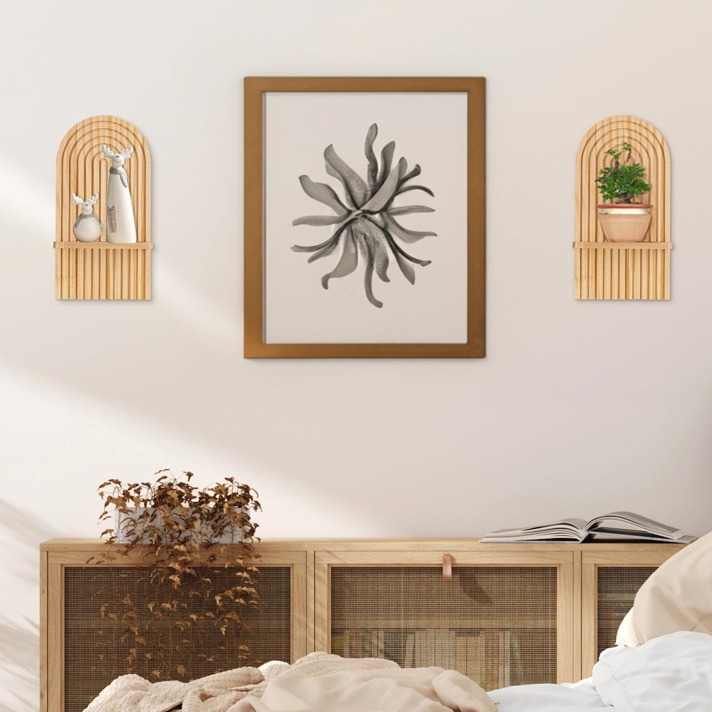 Boho Wall Candle Holder Decor: Mid Century Candle Sconces Set of 2 for Plants Pillar Candles - White Wood Modern Minimalist Arch Candle Shelf Bohemian Art Decor Beside Fireplace TV BST220