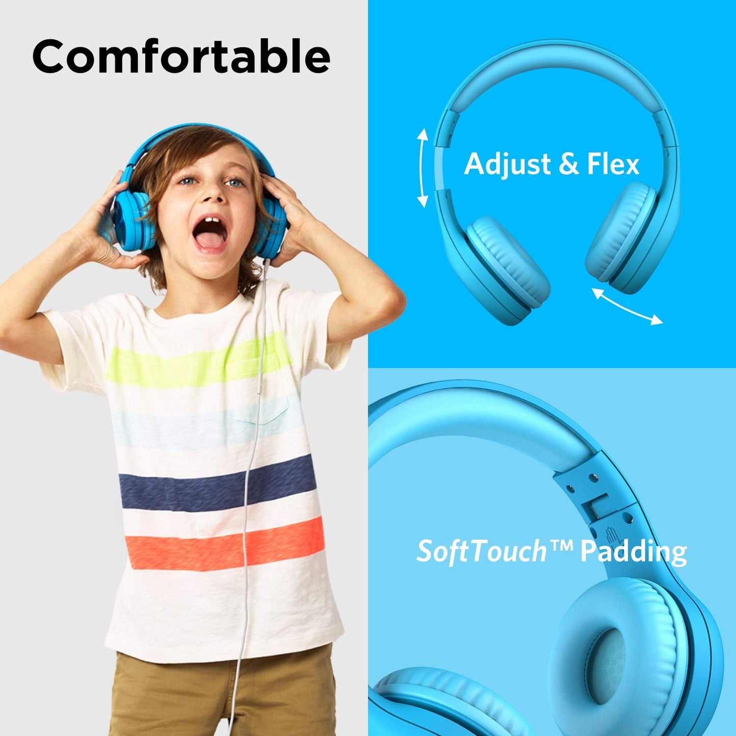 LilGadgets Connect+ Pro Wired Kids Headphones for School with Microphone, Volume Limiting Over-Ear Headset with Cord, SharePort Technology & SoftTouch Padding, Blue