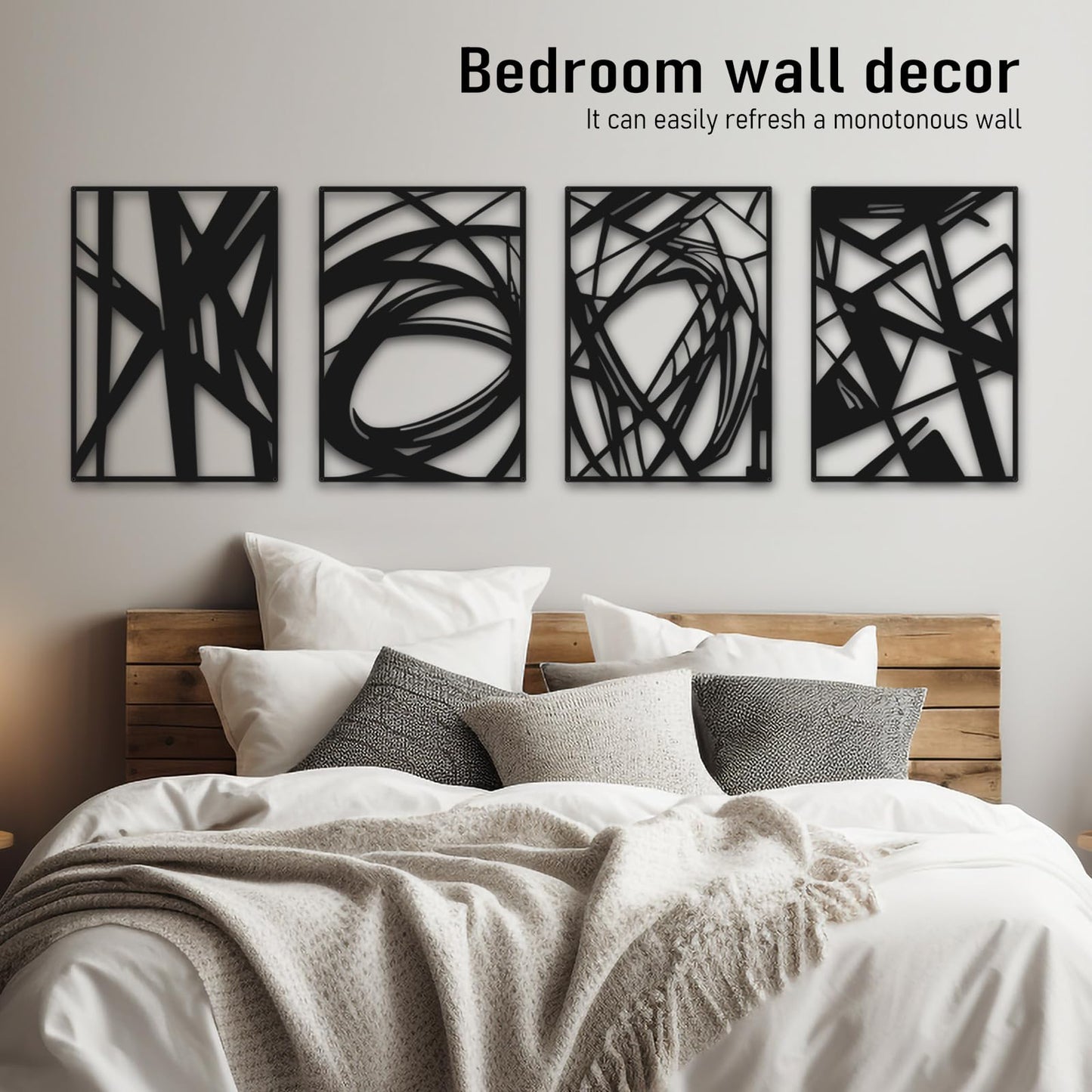 Bakovity Black Abstract Wall Art, Metal Art Wall Decor, Large Geometry Art, Modern 3D Abstract Wall Sculptures for Bedroom Bathroom Living Room (4 Pack, 16 x 11 in) BST220
