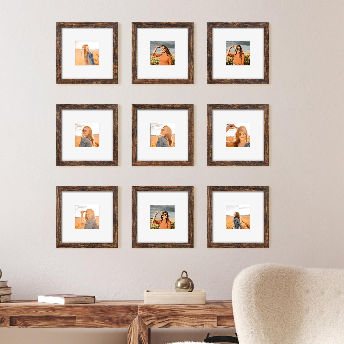 YESKAY 8x10 Picture Frame Set of 9, Display Pictures 5x7 with Mat or 8 x 10 Without Mat, Multi Photo Frames for Wall Mounting or Table Top Display, Blue BST326H