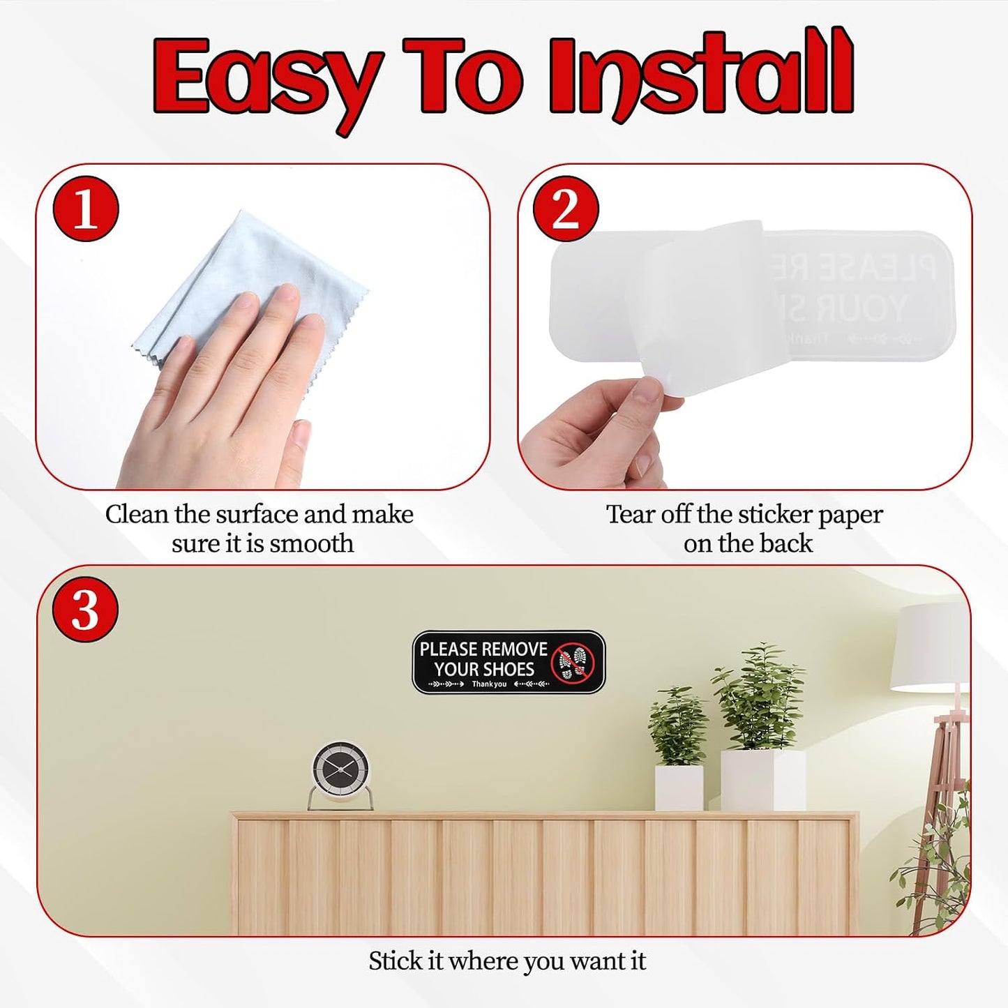 2PCS Please Remove Your Shoes Sign, Self-Adhesive No Shoes Sticker for House, Easy Install Take Your Shoes Off Sign for Front Door, Home, Office, Cafe, Restaurant & More BST326L