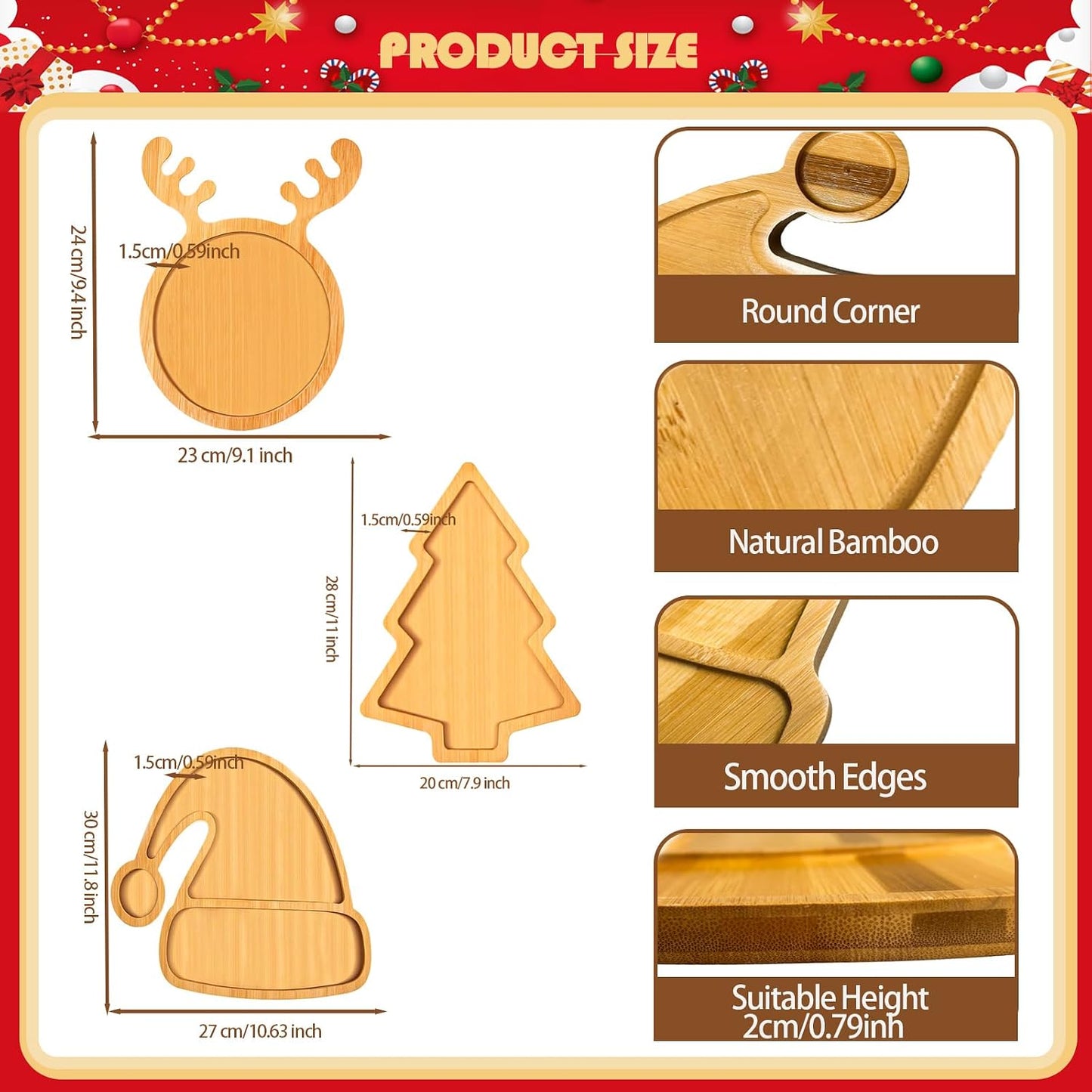 3Pcs Christmas Serving Platters, Wooden Christmas Charcuterie Boards Wood Snack Dish Plates Tray for Xmas Holiday Housewarming(Tree,Hat,Deer) BST202
