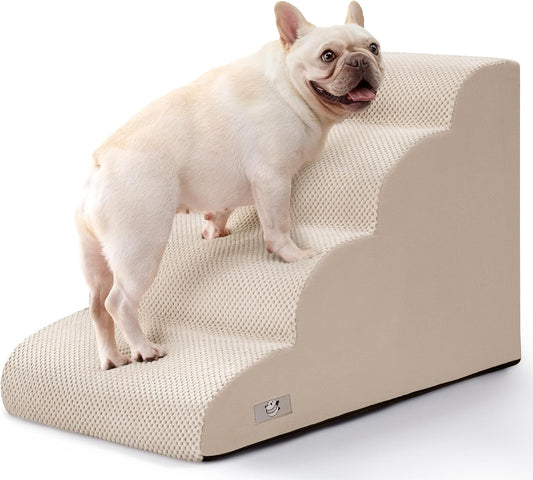 Airpanda Dog Steps for Bed, 4 Step Pet Stairs for Small and Medium Dogs, Non-Slip Dog Ramp with Washable Cover, High-Density Support Foam for Easy Climbing,Beige