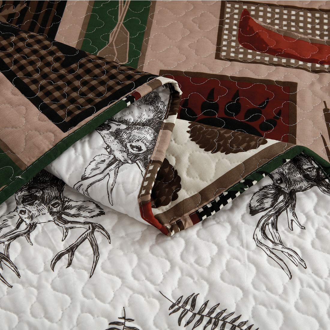Rustic Moose Quilt Set King Size Lodge Quilt Lightweight Summer Cabin Bedspread Country Bedding Forest Bear Fish Pine Coverlet Daybed Cover Blanket Woodland Home Decor-Brown White BST220