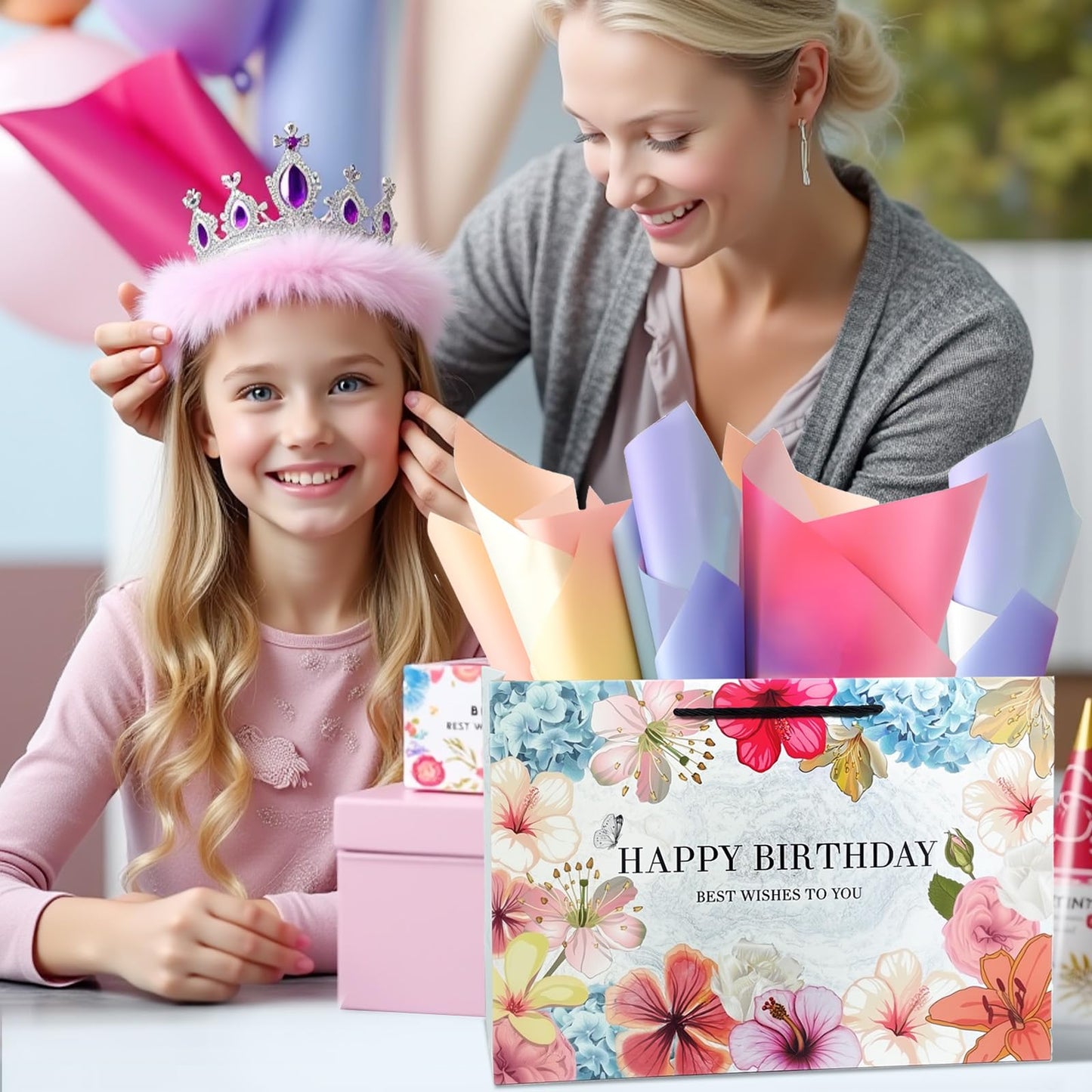 Kecorax Birthday Gift Bag for Women, 14" Large Birthday Bags Set for Girls with Tissue Paper, Card and Ribbons, Suitable for Birthday-themed Parties BST220