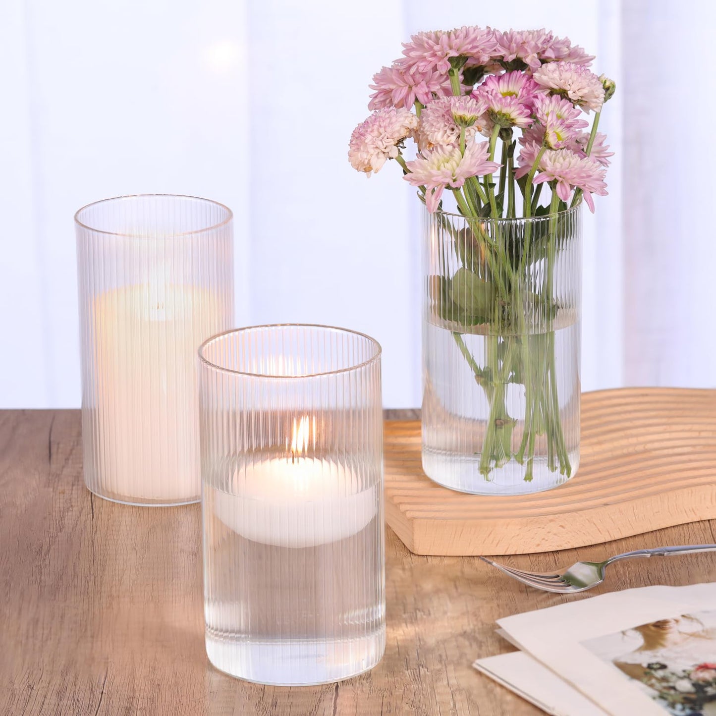 Glass Ribbed Cylinder Vases, 8 Inch Tall, Clear, Pack of 3 | Flower Vases in Bulk, Hurricane Floating Candle Vases, For Party Home Decor BST326H