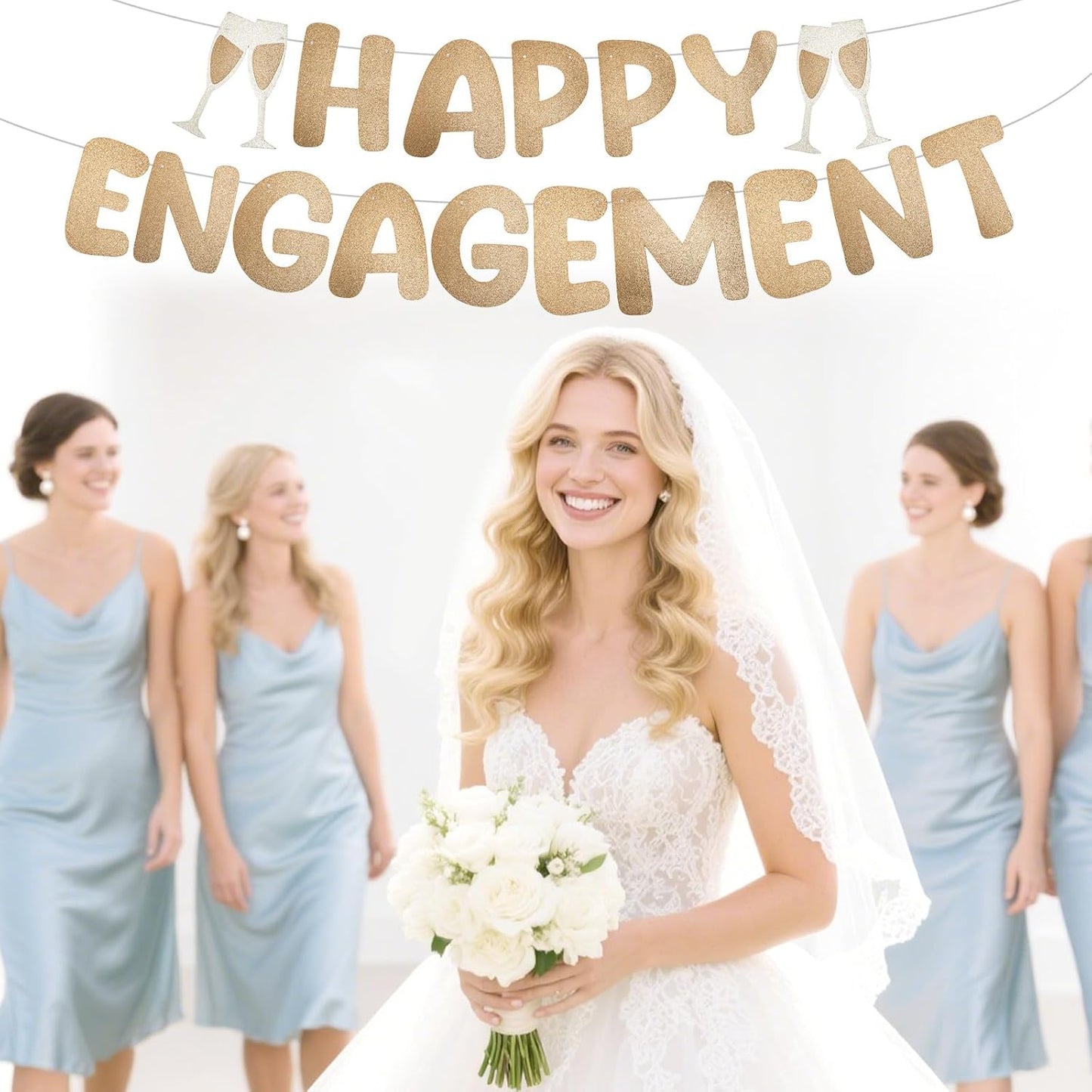 Happy Engagement Banner, Pre-Strung Glitter Engagement Party Decorations Congratulations Engaged Banner Wedding Bachelorette Party Supplies (Champagne Gold) BST202