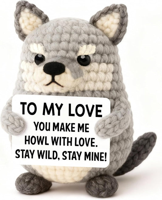 Gifts for Him Boyfriend Husband, Birthday for Men Wife Women Her, Handmade Crochet Gray Wolf Plush, Romantic Birthday Keepsake for Men Couples Wedding Anniversary WN420