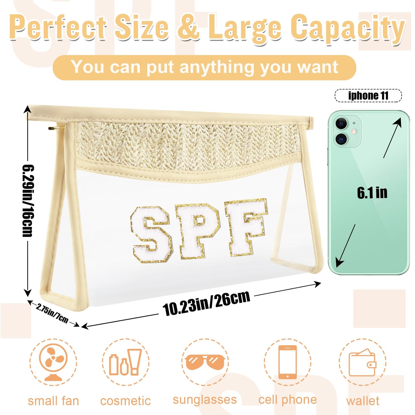 Boho Clear Makeup Bag Cosmetic Zipper Pouch Purse, Clear Toiletry Bags Travel Small Preppy Cute DIY Chenille Letter Bag, Transparent PVC Waterproof Clutch Make Up Organizer Storage Bag for Women Girls BST220