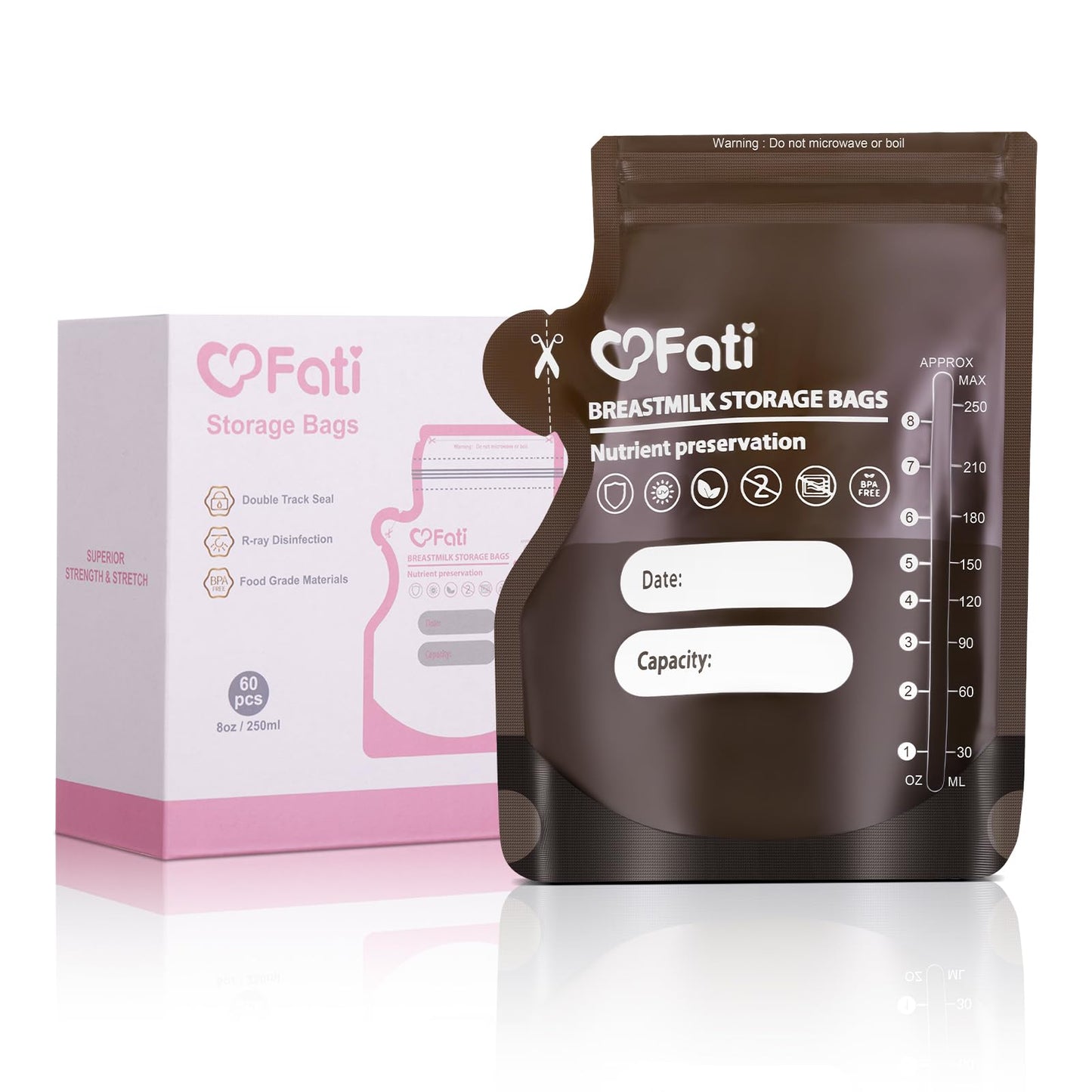 FATI Breastmilk Storage Bags-200 Pcs, 8Oz Blackout Breast Milk Storing Bag with Pour Spout for Baby Bottle Feeding/Breast Pump, No-Leak Milk Freezer Storage Pouches Self-Standing, Baby Essentials WN420
