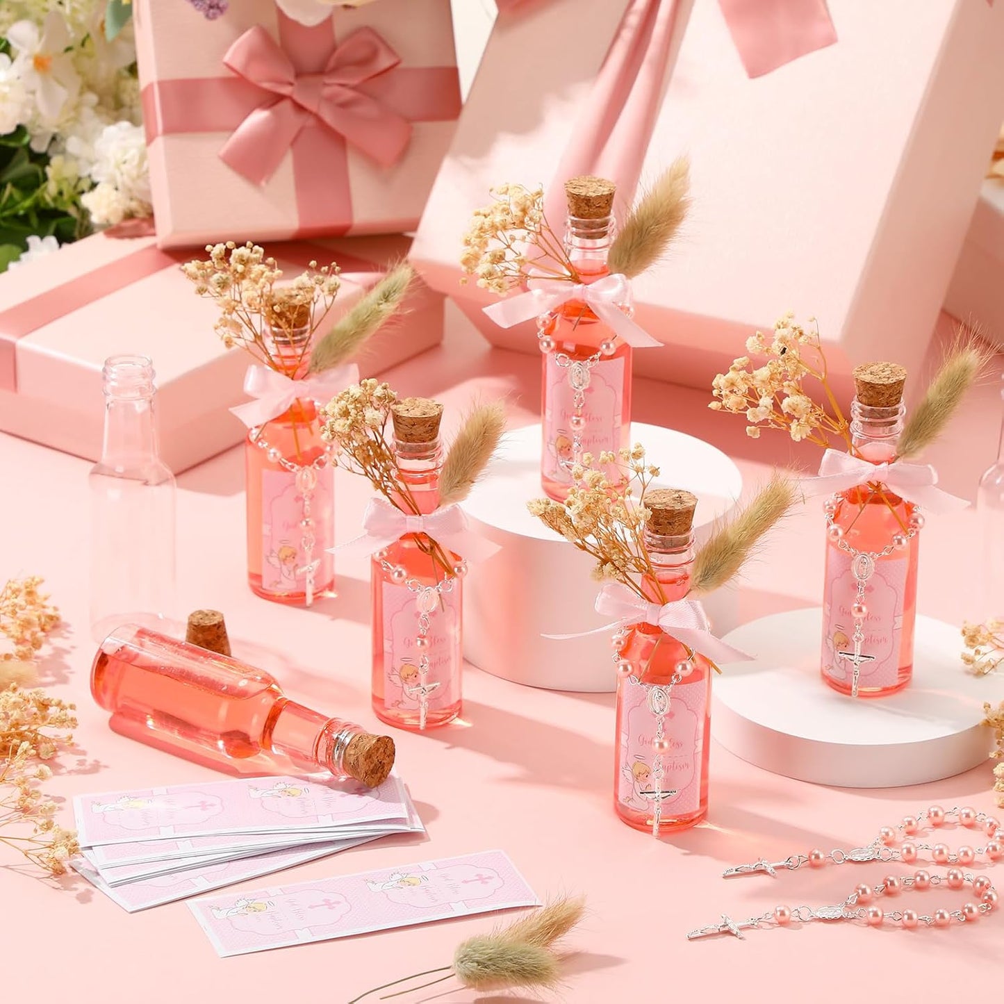 Highergo 50 Set Catholic Holy Water Bottles Cross Rosary Set Baptism Party Favors 50ml Christian Clear Plastic Holy Water Containers Cork Stopper for Church First Communion Wedding Table Newborn(Pink) BST326H