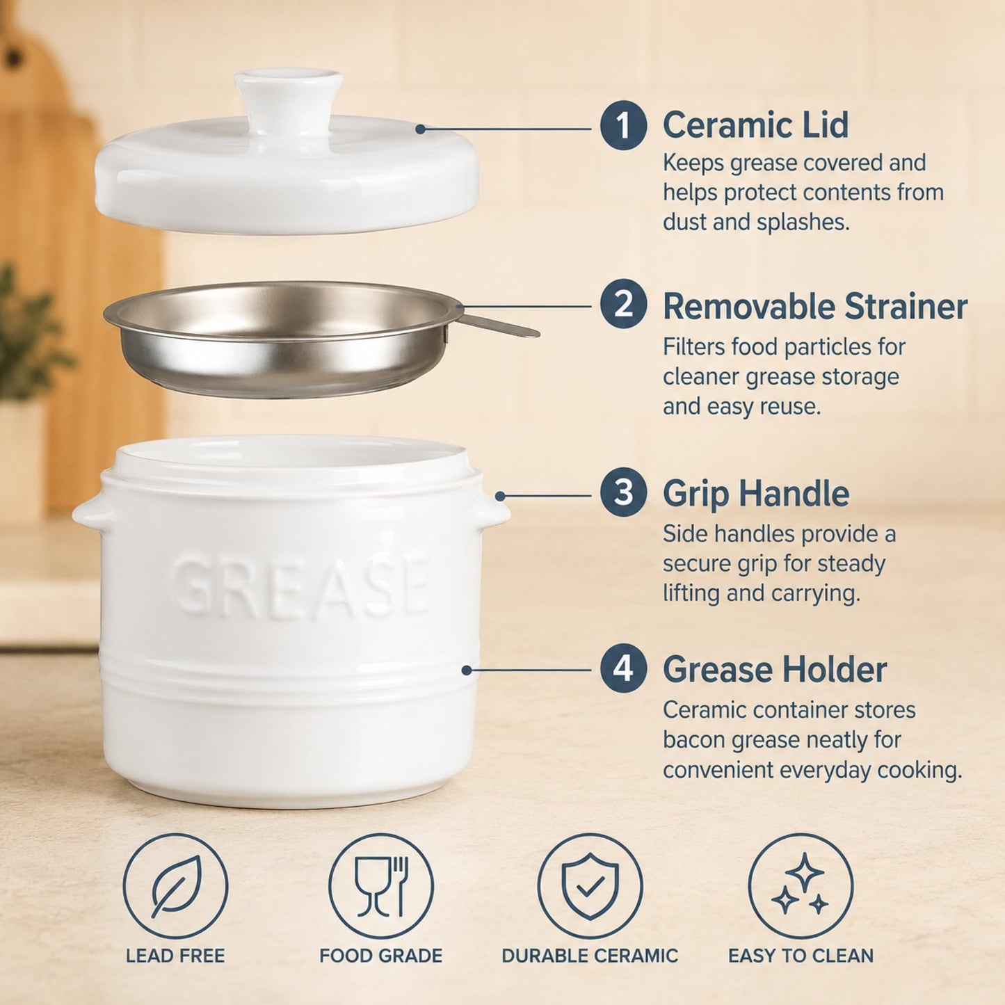 ONEMORE Ceramic Bacon Grease Container with Strainer N25