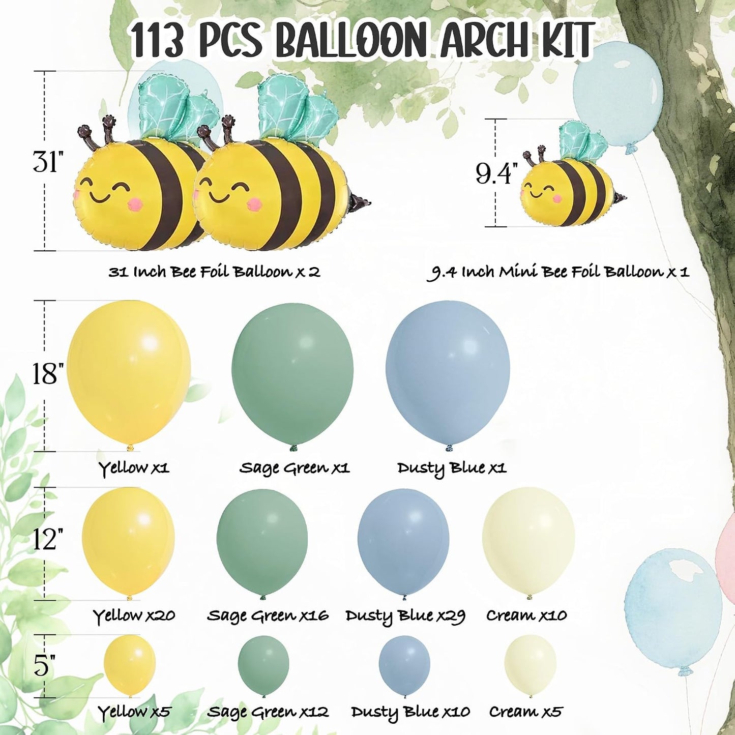 Bee Baby Shower for Boy Balloon Arch with Bee Foil Balloons 113 Pcs 18" 12" 10" Balloon Garland with Sage Green, Baby Blue, Honey Yellow & Sand White Arch for Bear Theme Party Decorations BST202