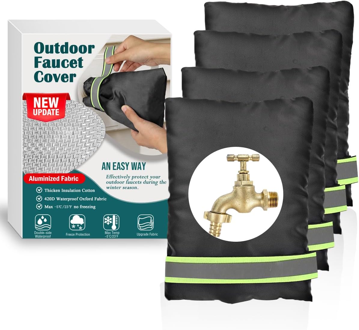 Outdoor Faucet Covers for Winter Freeze Protection, 4 Pack 7" W x 9" H Thicken Faucet Covers for Winter Insulated, Spigot Covers Hose Bib Cover for Winter with Aluminized Thermal Insulation Fabric WN420