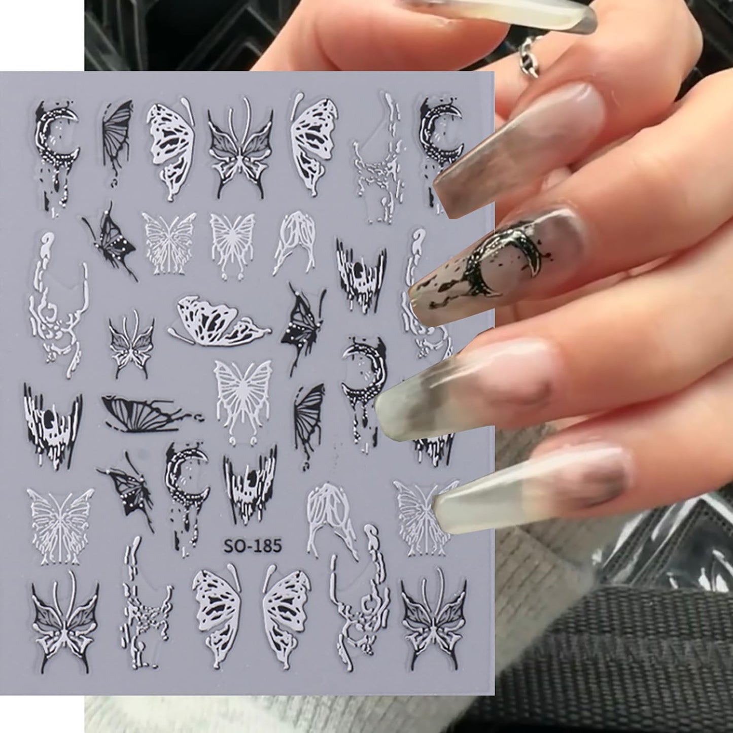 Liquid Butterfly Nail Art Sticker Decals Black Gold Black Silver Butterfly Moon Design Nail Decals 3D Self-Adhesive Nail Art Supplies Heart Nail Art Sticker Decoration for Women Manicure Supplies BST326L