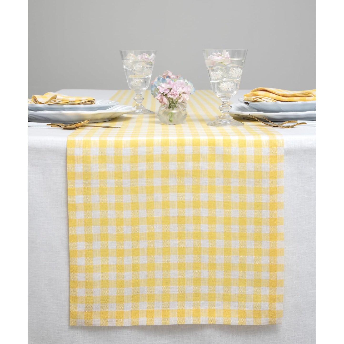 Solino Home 100% Pure Linen Table Runner Apricot, Gingham Check 14 x 36 in | Table Runners for nightstands, end tables, coffee tables and dressers | checkered weave, mitered corners | OEKO-TEX Certified BST326SOLH