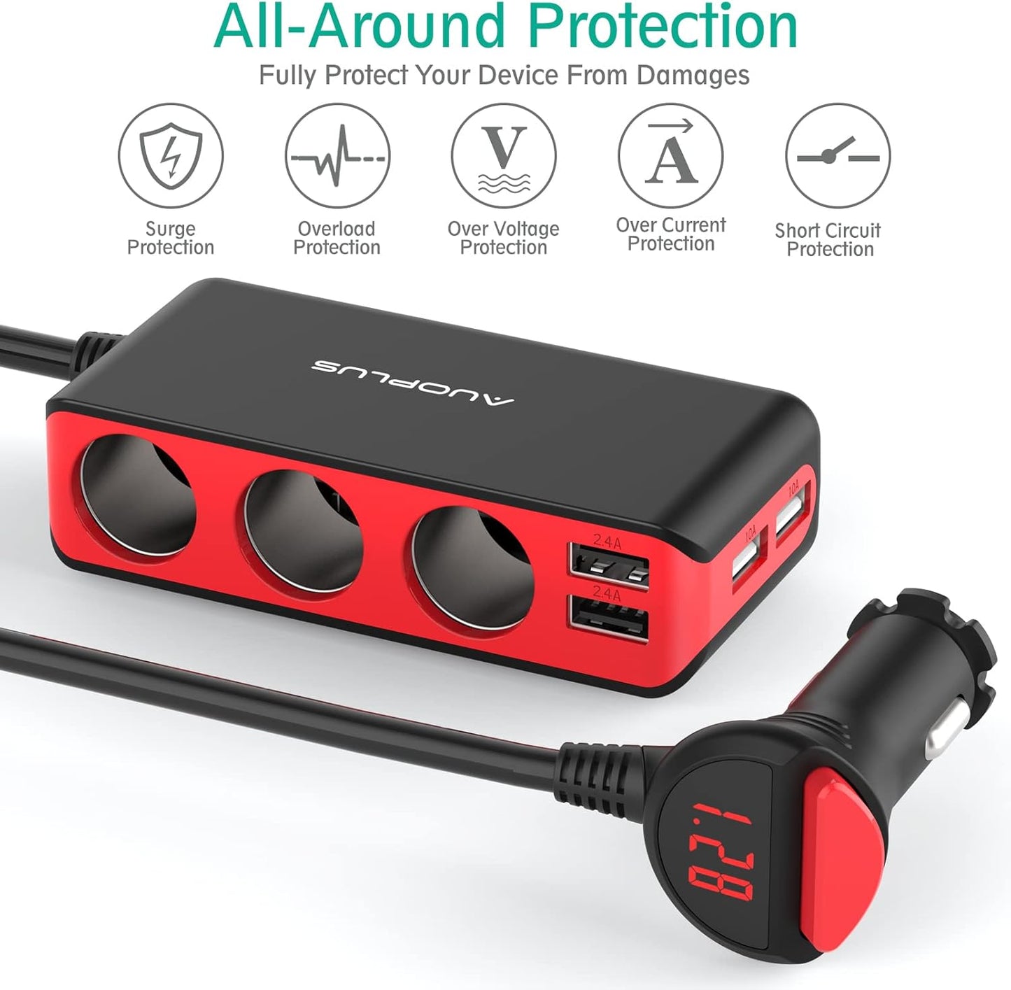 AUOPLUS 120W 3 Socket Cigarette Lighter Splitter Car Charger Adapter 31