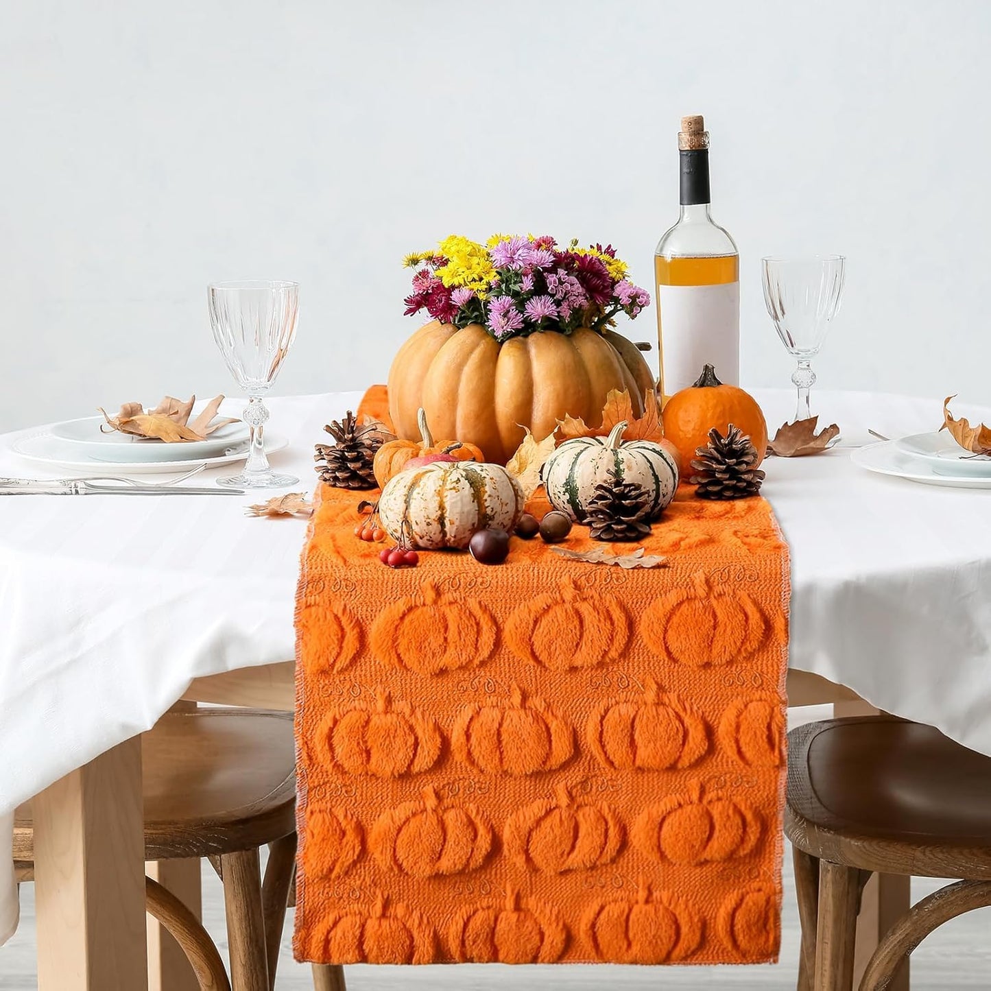 Halloween Pumpkin Table Runner Quilted Plush 3D Table Runners Fall Autumn Ivory Halloween Runners for Tables Kitchen Dining Decorations Party Supplies 13x37 Inch WN420