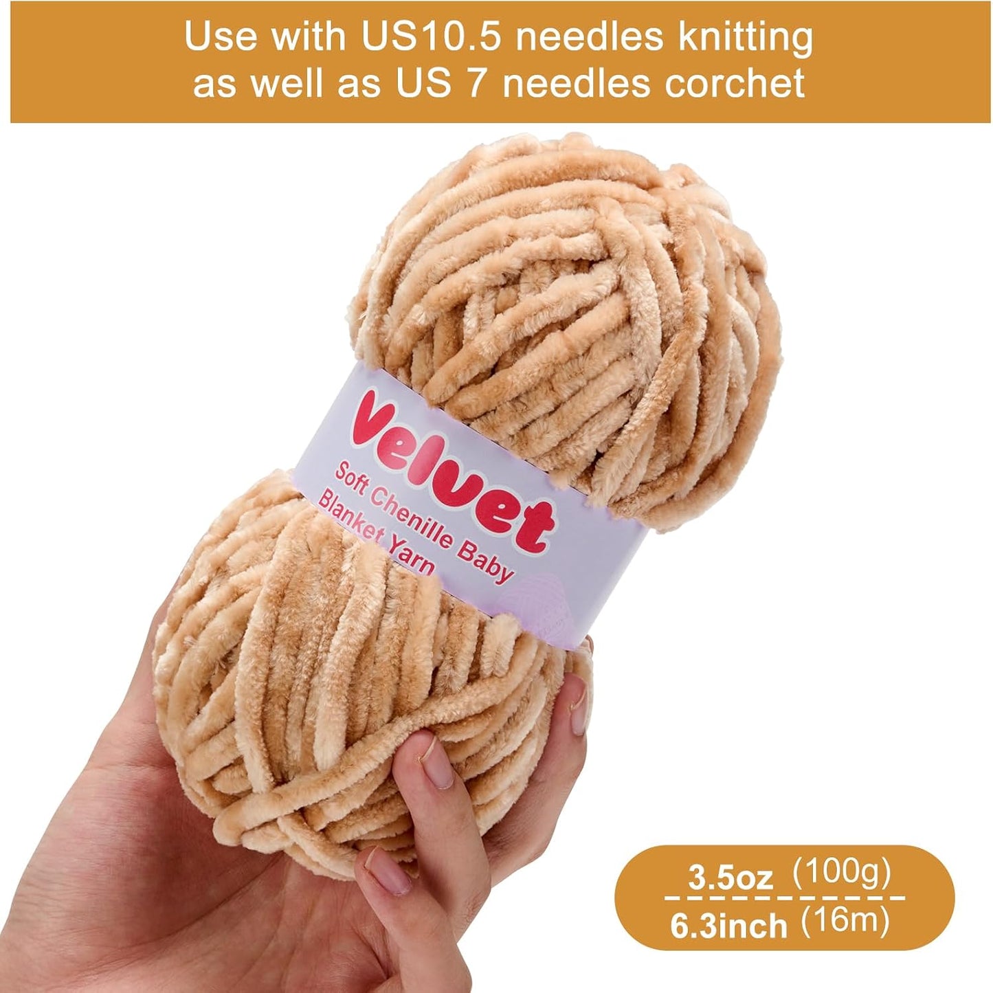Soft Velvet Chenille Yarn for Crocheting & Knitting - Bulky Yarn for DIY Weaving Crafts Beige (3.5oz 66yds/Skein) BST326H