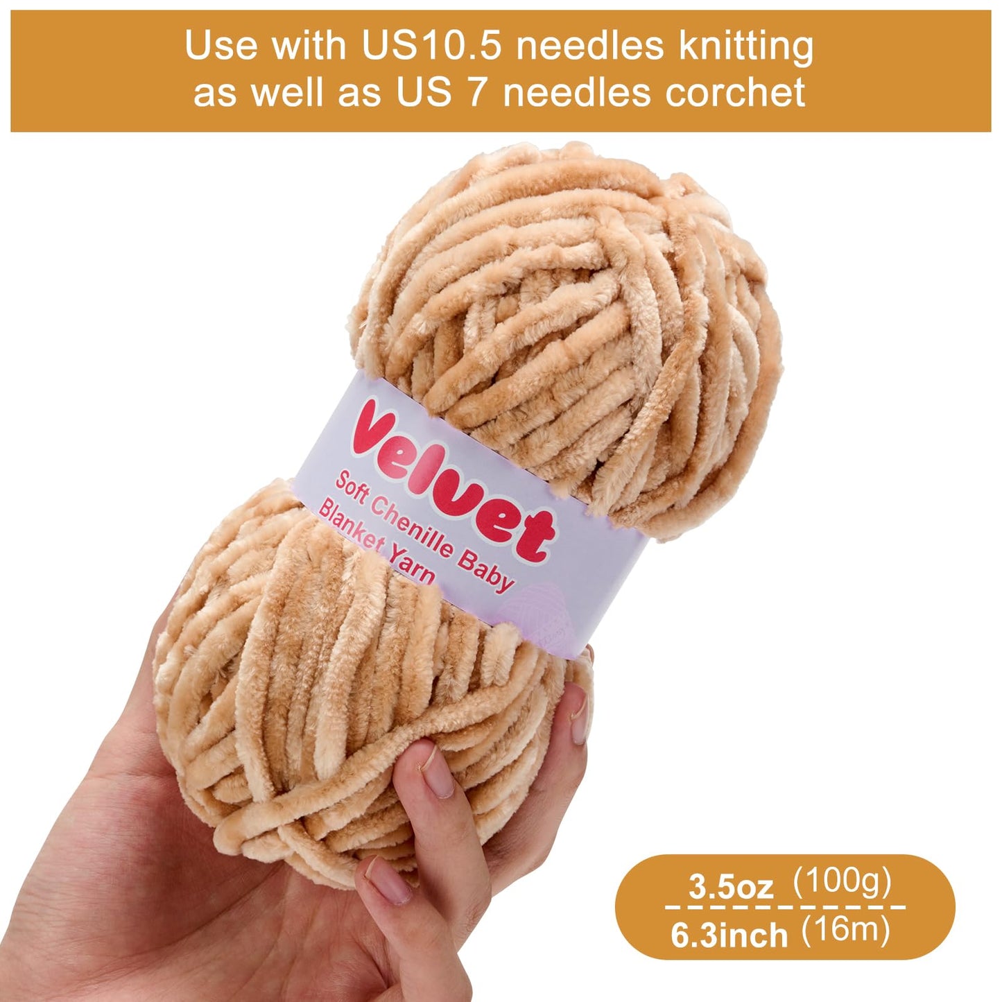 Soft Velvet Chenille Yarn for Crocheting & Knitting - Bulky Yarn for DIY Weaving Crafts Beige (3.5oz 66yds/Skein) BST326H