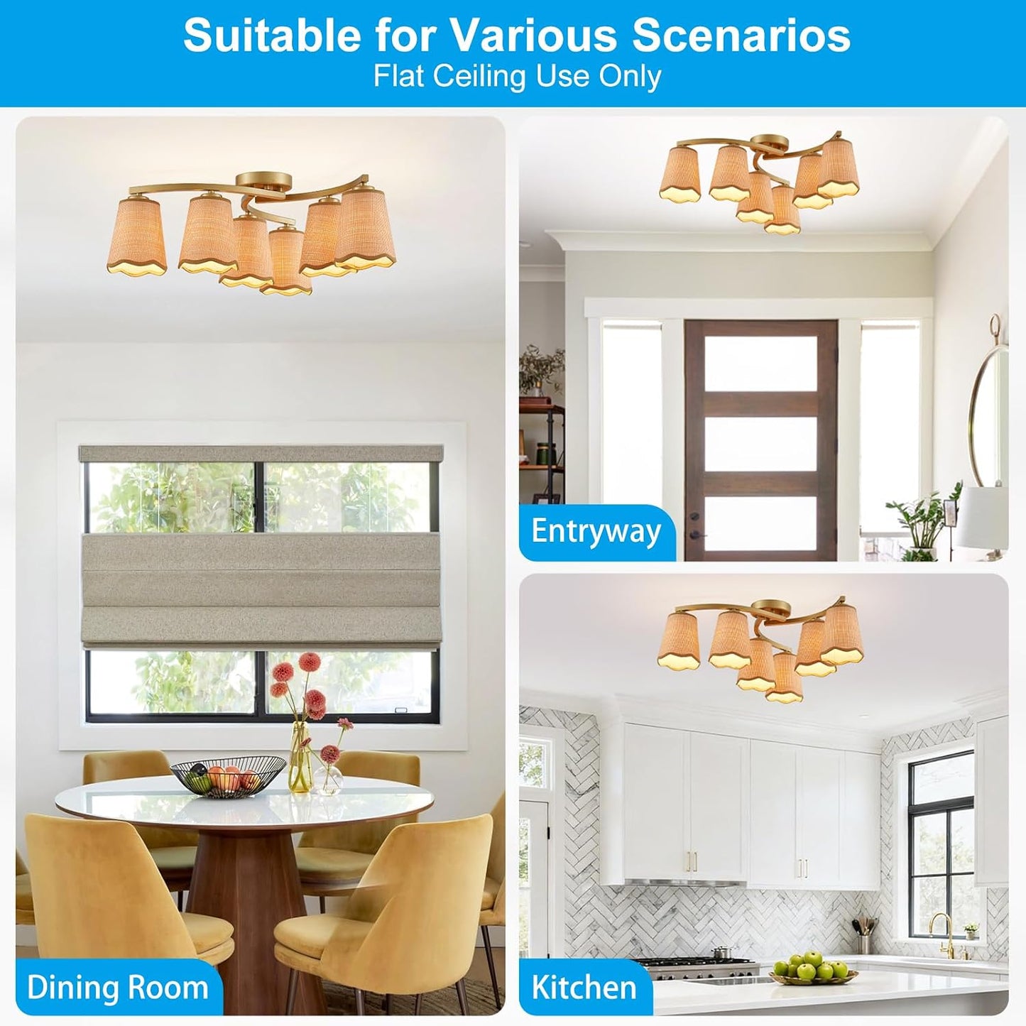 XINGQI 22.8" Boho Rattan Chandelier 6 Lights Rustic Farmhouse Semi Flush Mount Ceiling LightIing Fixture Woven Fabric with Gold Meatl Lampbody for Kitchen Island Bedroom Dining Room WN420