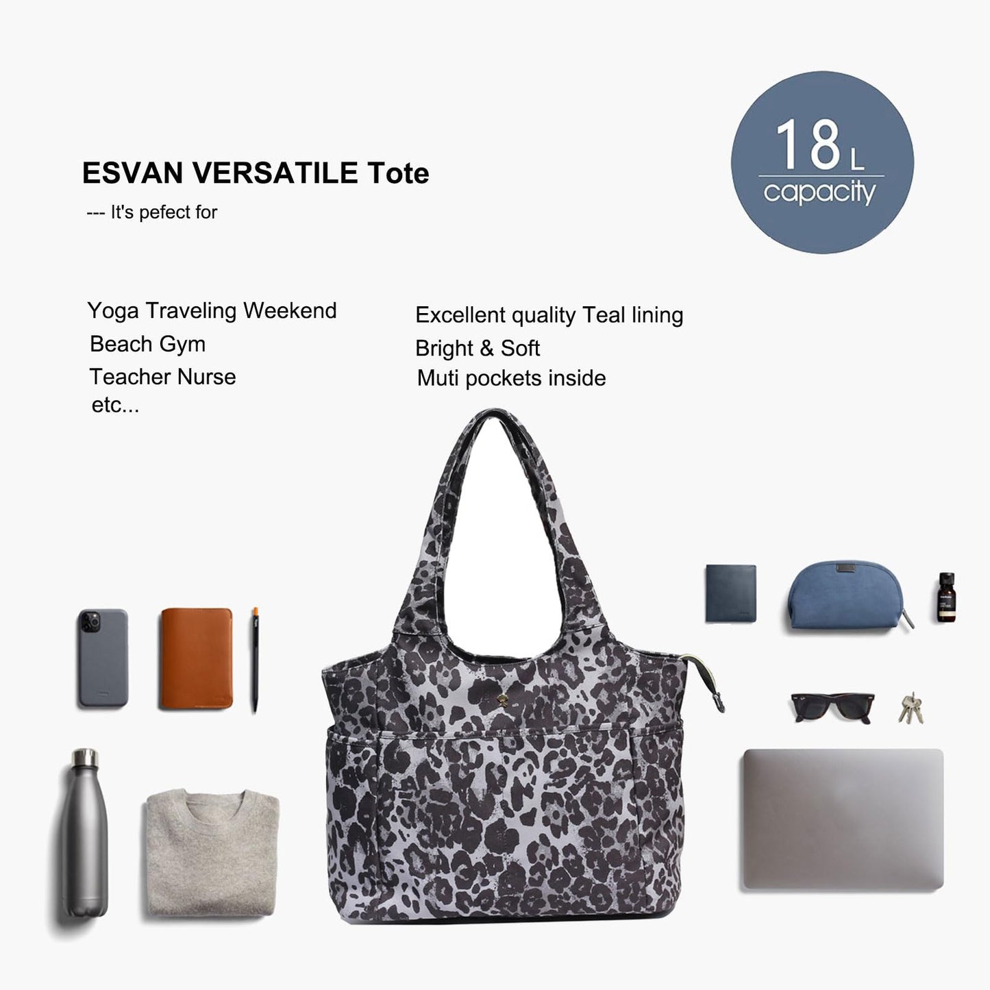 ESVAN Yoga Tote Bag Mat bag Women Shoulder Bags Carryall Tote for Travel Office Workout Gym Nurse Beach BST326H