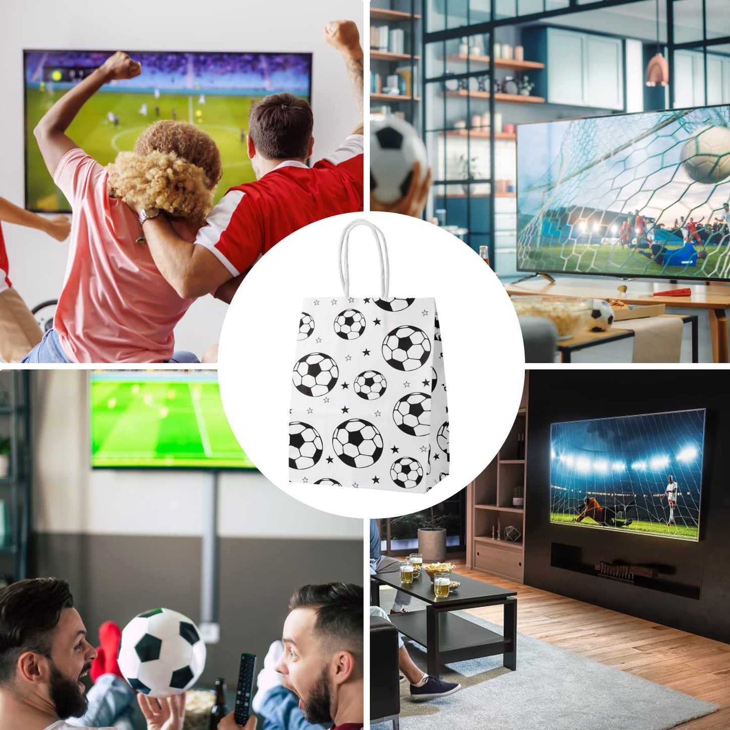 16pcs Soccer Party Favor Paper Bags - Green Football Gift Bags with Handles for Kids & Adults Team Soccer Party Goodie Snacks Treat Supplies WN420