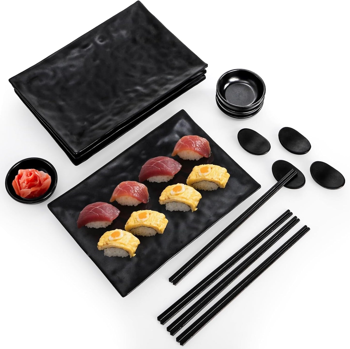 16 Pcs Sushi Plate Set, Melamine Sushi Serving Dishes, Japanese Dinnerware Sets with 4 Sushi Trays, 4 Soy Sauce Bowls 4 Pairs of Chopsticks and Holders, Wedding Housewarming Gift, Black
