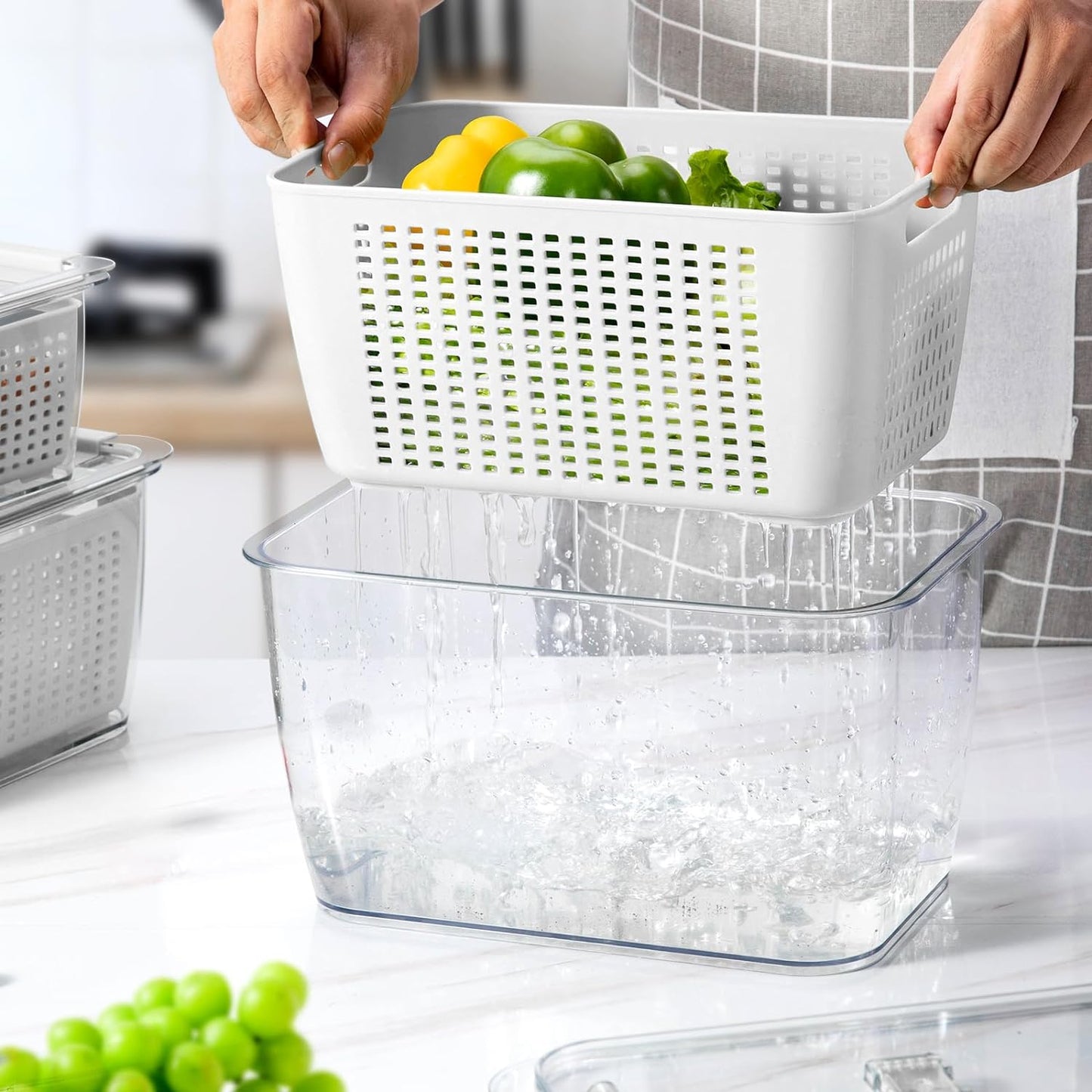 LUXEAR 4 Pack Fruit Vegetable Containers for Fridge, Produce Saver Container with Lids &Removable Colander BPA-free Refrigerator Storage Organizer for Fruit Vegetable, Berry, Meat keep Fresh Longer DD1210