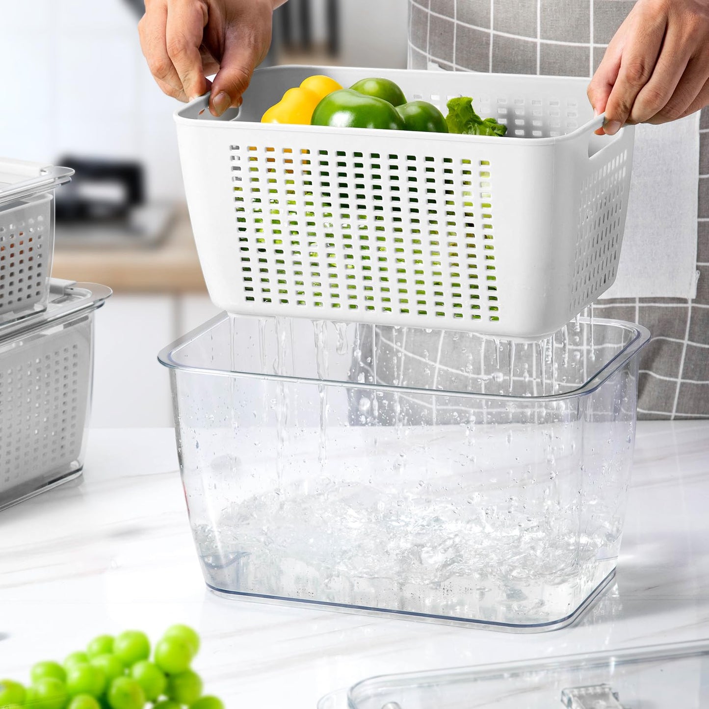 LUXEAR 4 Pack Fruit Vegetable Containers for Fridge, Produce Saver Container with Lids &Removable Colander BPA-free Refrigerator Storage Organizer for Fruit Vegetable, Berry, Meat keep Fresh Longer DD1210