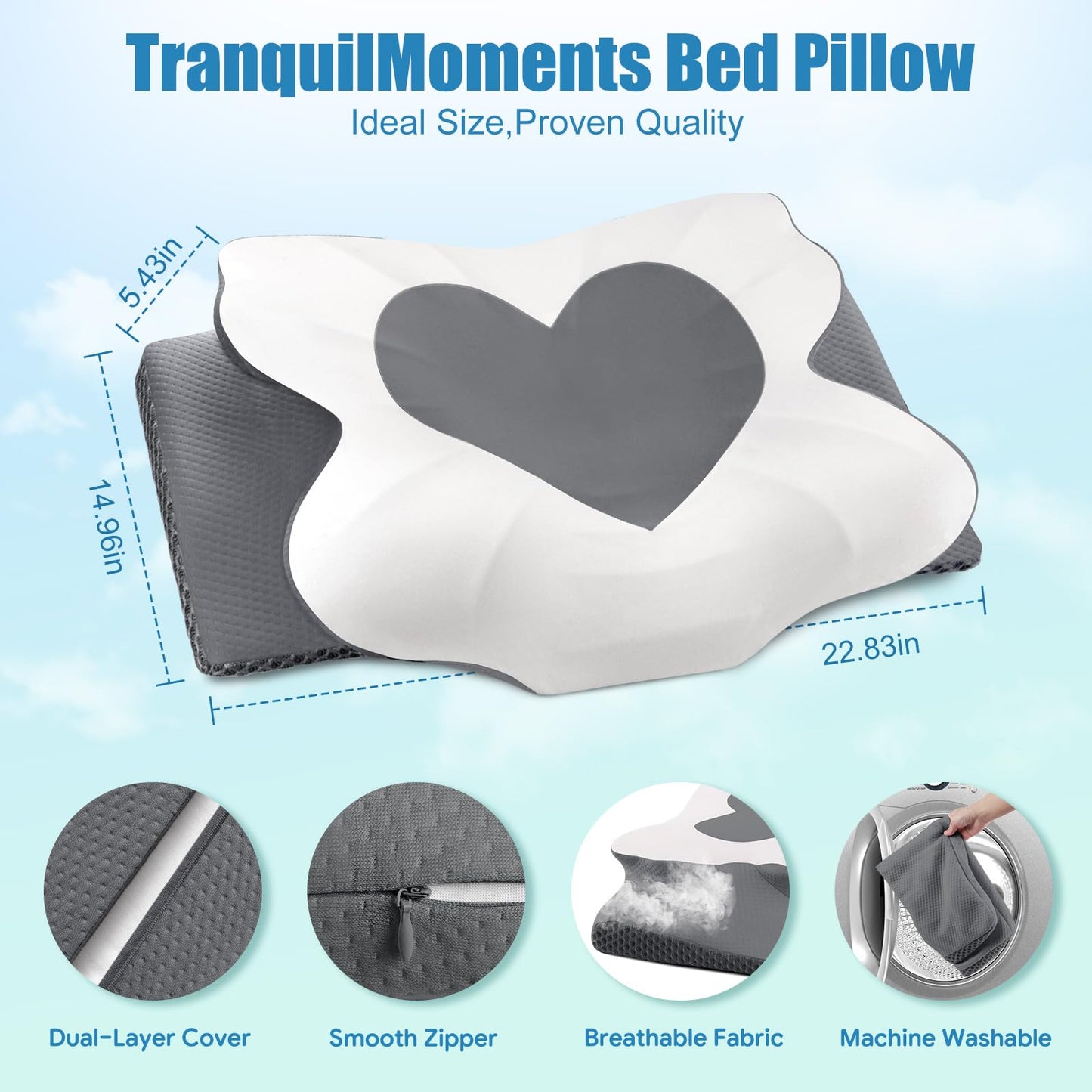 Cervical Neck Pillow for Sleeping, Memory Foam Pillow for Neck Support, Ergonomic Pillow for Pain Relief, Contour Bed Pillow for Side Back Stomach Sleepers, Grey, Queen Size BST220