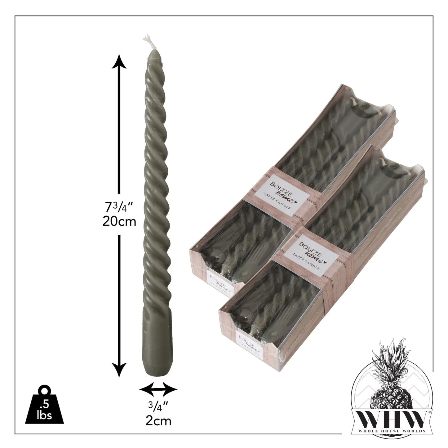 12 Piece Pale Green Twist Taper Candles, 2 Boxed Sets of 6, 4 Hours Burn Time, Paraffin Wax, 7.75 Inches BST220