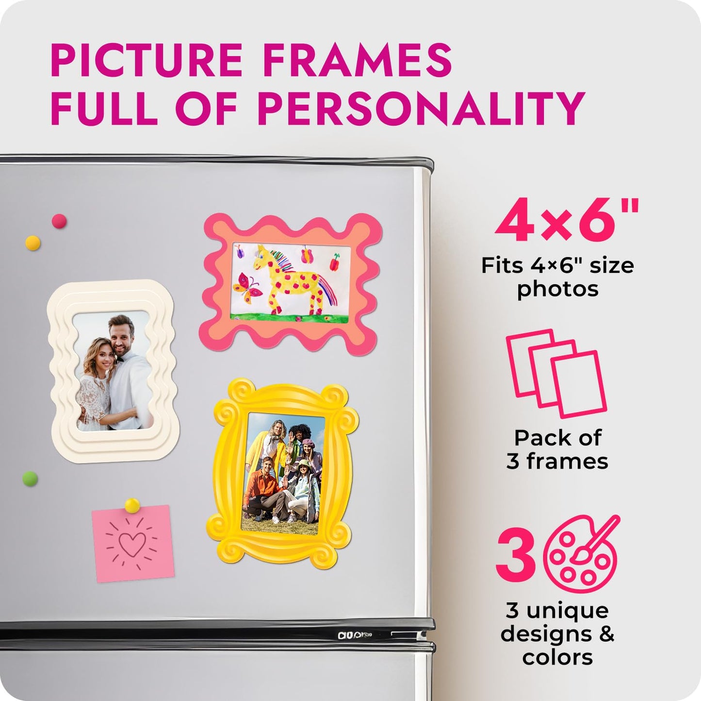 Magnetic Photo Frames - Fun & Unique Magnet Picture Frame - Magnetic Frames for Refrigerator, Locker & More - Fridge Picture Frame Magnets - Back to School Magnetic Picture Frames for Refrigerator 4x6, 3 Pack BST220