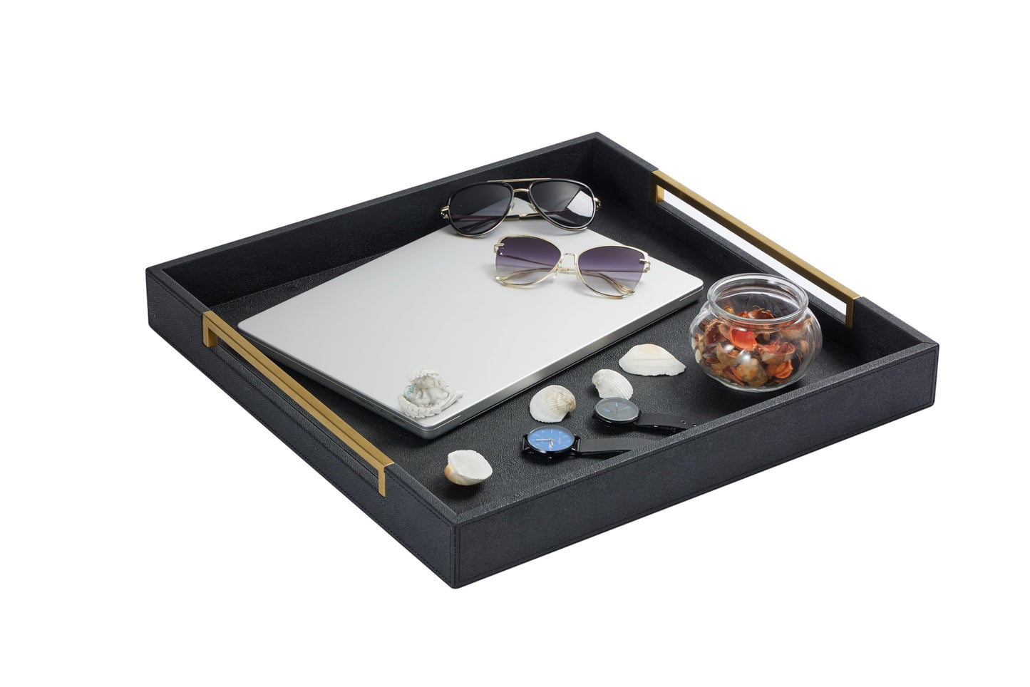 Sagala 16"x16" Ivory Shagreen Leather Serving Tray with Handles for Ottoman Coffee Table, Stylish Decorative Tray for Living Room Modern Home Decor (Ivory-Black, Square 16") BST220