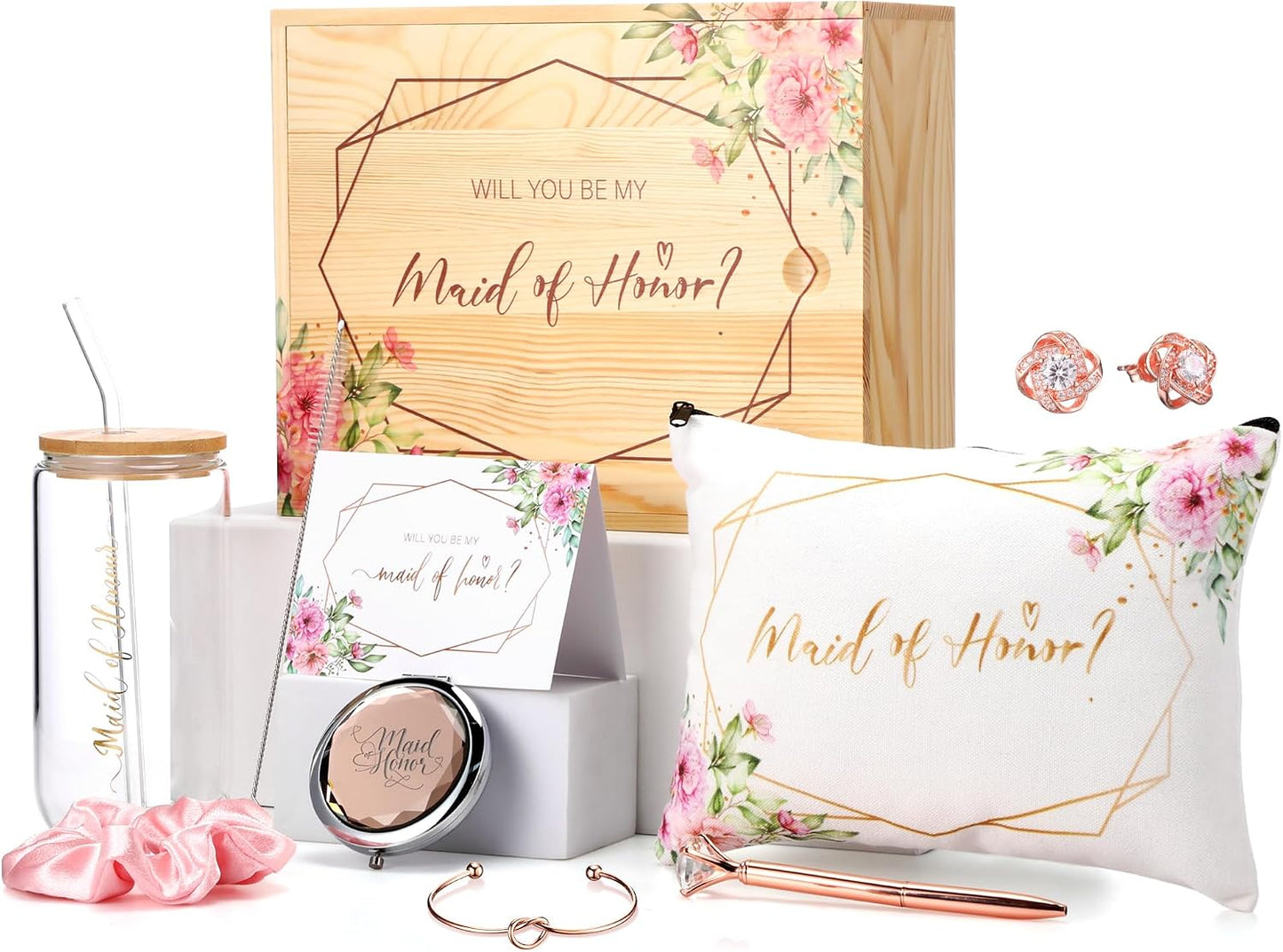 Bridesmaid Proposal Gifts Maid of Honor Proposal Gifts Set Will You Be My Bridesmaid Wooden Gift Box 17oz Glass Tumbler Cup Makeup Bag Compact Mirror Bracelet Diamond Pen for Wedding WN420