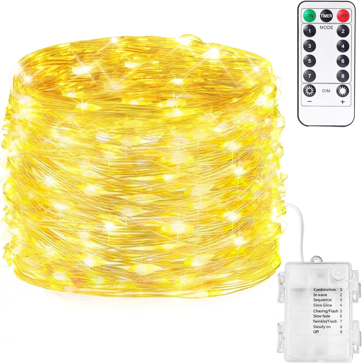 Fairy Lights 33FT 100 LED Fairy String Lights Battery Operated with Remote, 8 Modes Outdoor Waterproof Led Twinkle Lights for DIY Party Wedding Christmas Decoration Warm White WN420