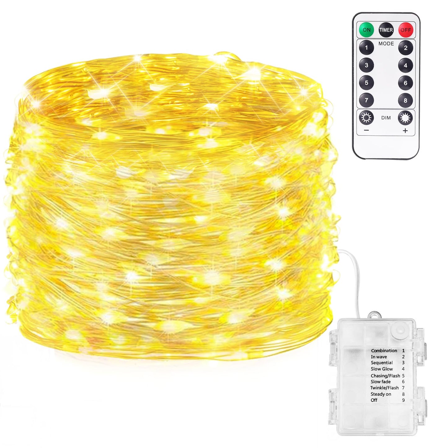 Fairy Lights 33FT 100 LED Fairy String Lights Battery Operated with Remote, 8 Modes Outdoor Waterproof Led Twinkle Lights for DIY Party Wedding Christmas Decoration Warm White WN420