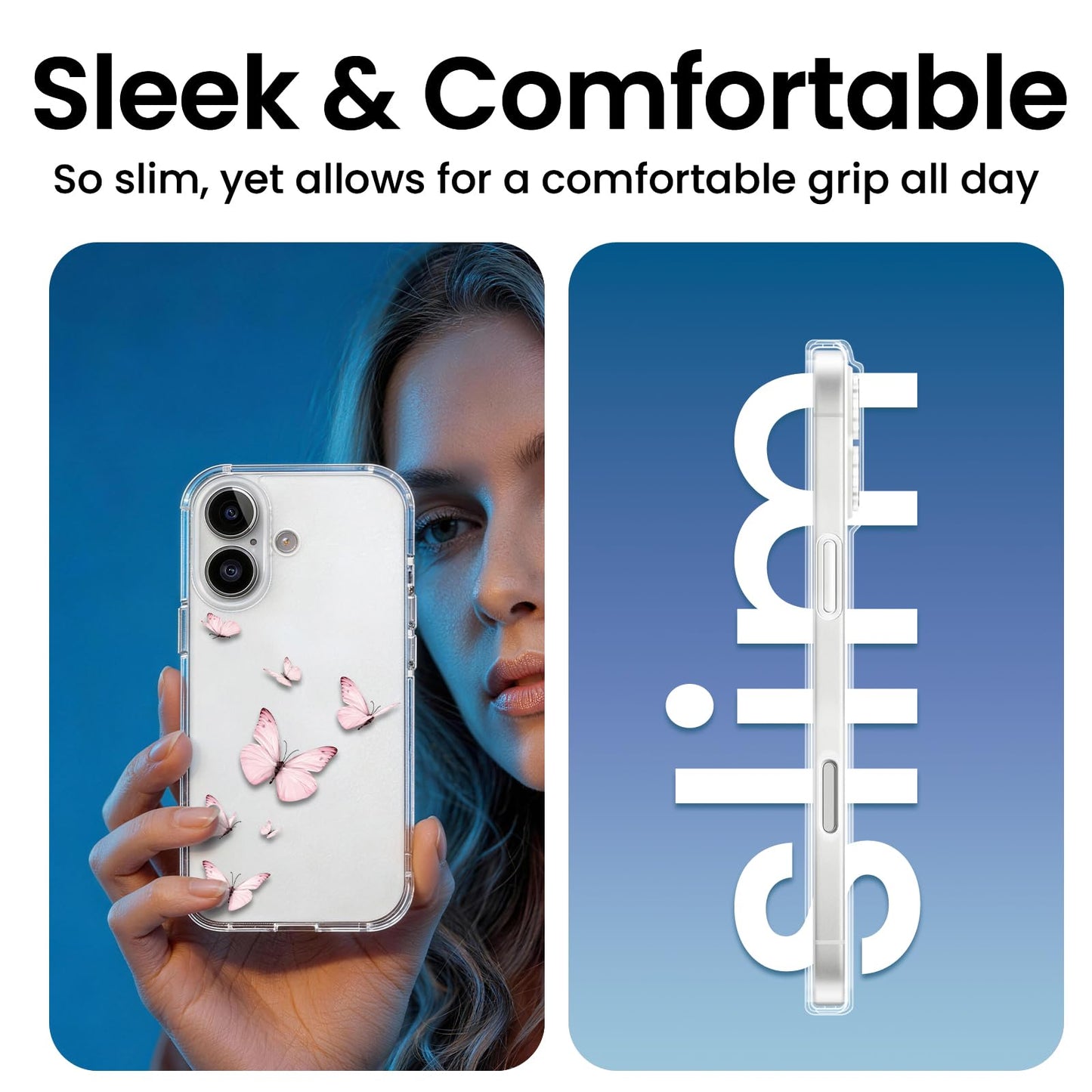Cute Girly Crystal Clear Case Compatible with iPhone 16 Pro, Camera Control & Shockproof Protection Floral Case for Women, Blue Butterflies WN420