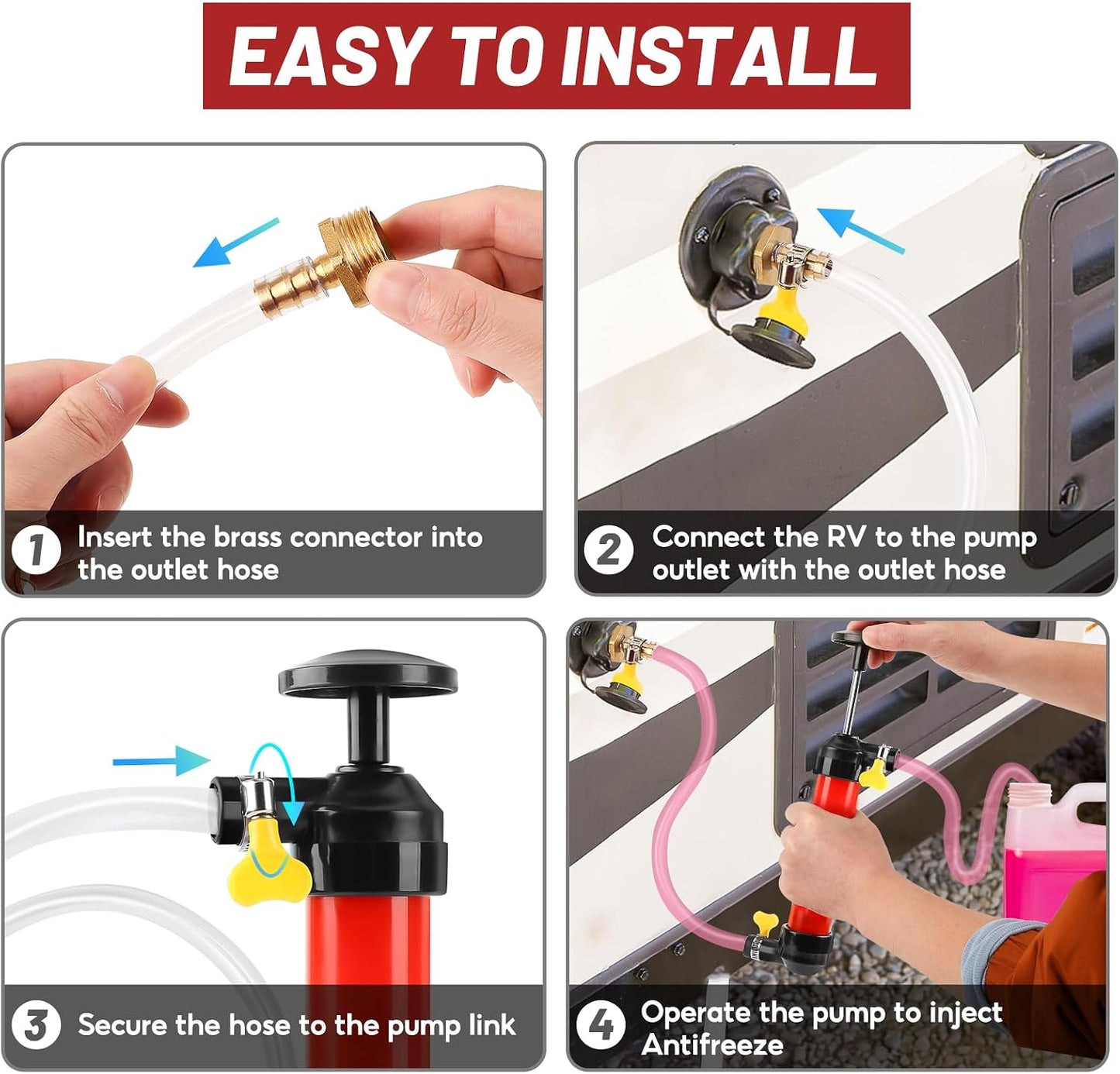 RV Antifreeze Hand Pump Kit, Siphon Water Liquid Fuel Transfer Manual Pump with 2 Clear PVC Hoses 3 Clamps for Protect RV RV Trailer Camper Boat Plumbing during Winterizing WN420