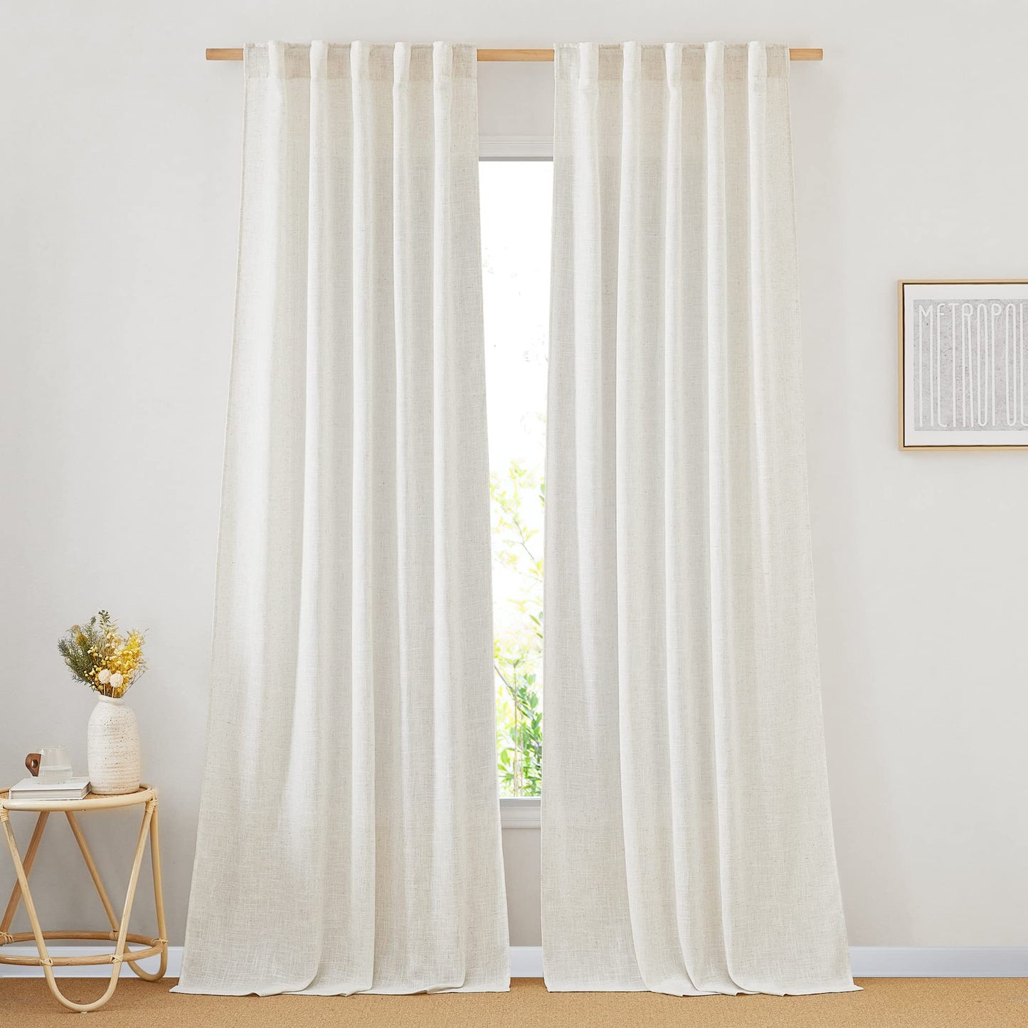 NICETOWN White Semi Sheer Kitchen Curtains 30 inch Length, Rod Pocket & Back Tab Faux Linen Blend Privacy with Light Filtering Window Drapes for Cafe, W34 x L30, 2 Panels BST220