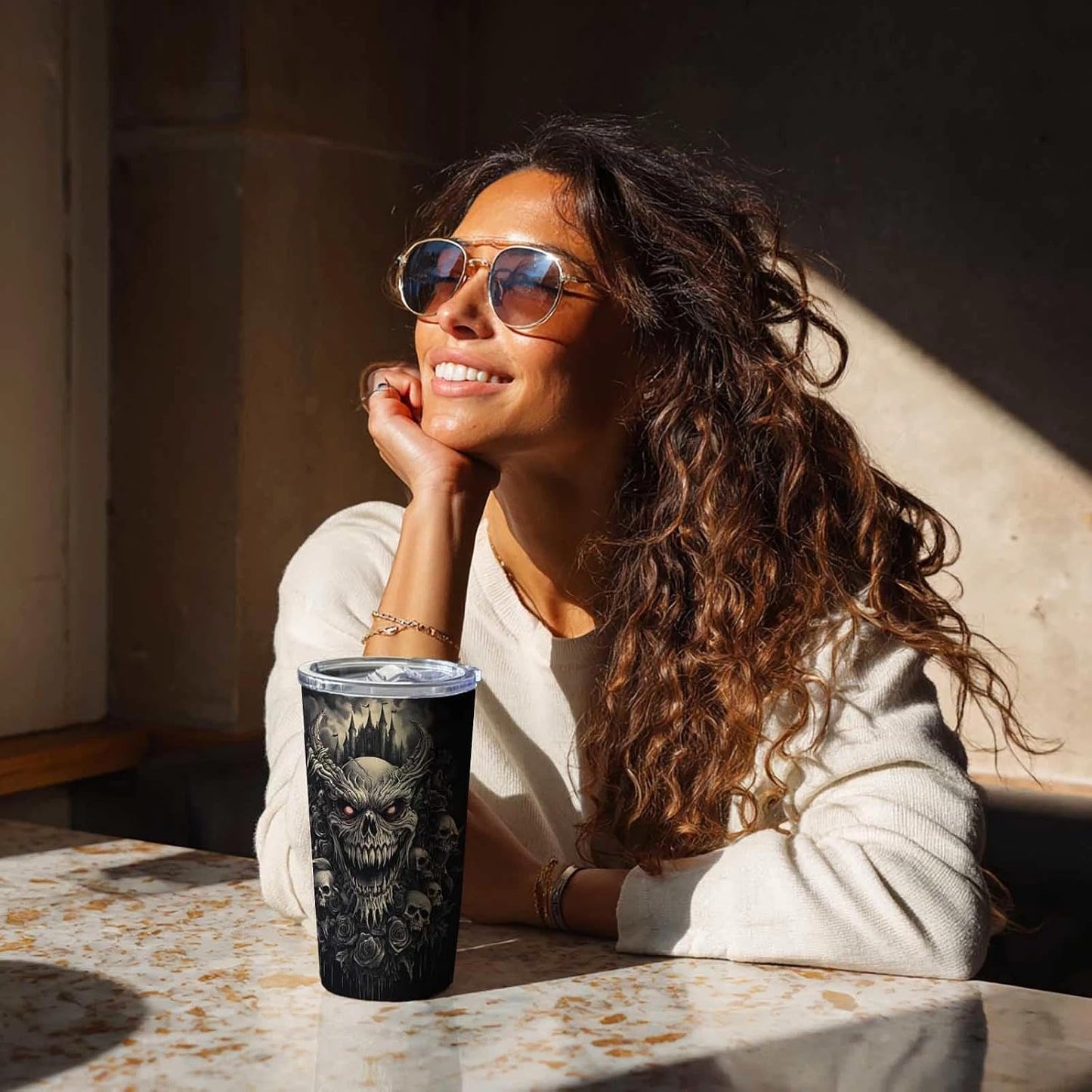 Gothic Skull 20 oz Insulated Stainless Steel Tumbler | Spooky Skeleton Travel Mug with Leak Proof Lid and Telescope Straw | Hot & Cold Coffee Cup | Halloween Gifts for Men and Women WN420