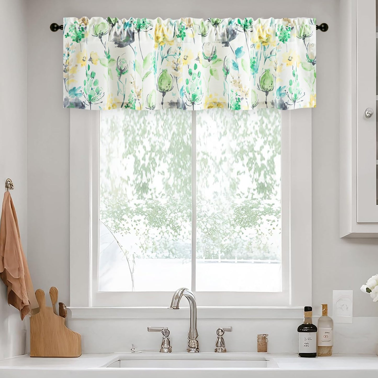 Leeva Farmhouse Kitchen Valances for Windows, Watercolor Blossoming Floral Print Curtains, Soft Faux Linen Curtain Toppers and Valances for Bedroom, 60 x 14 Inch, Brown & Grey, 1 Panel BST220