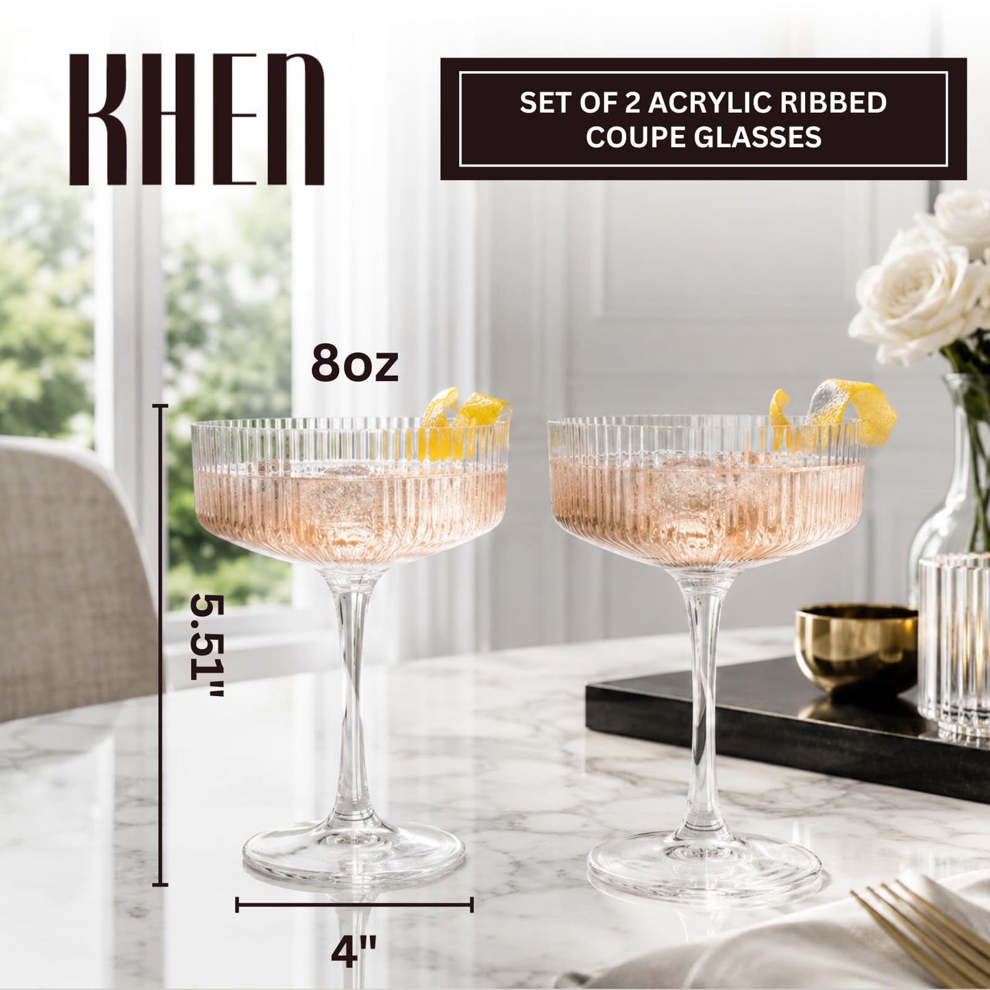Khen Pink Peach Acrylic Ribbed Coupe Martini Champagne Cocktail Glasses, Set of 4, 8 oz Shatterproof Ripple Stemware European Style Reusable Drinkware Goblets, Indoor Outdoor Parties Weddings Bar Gift BST220