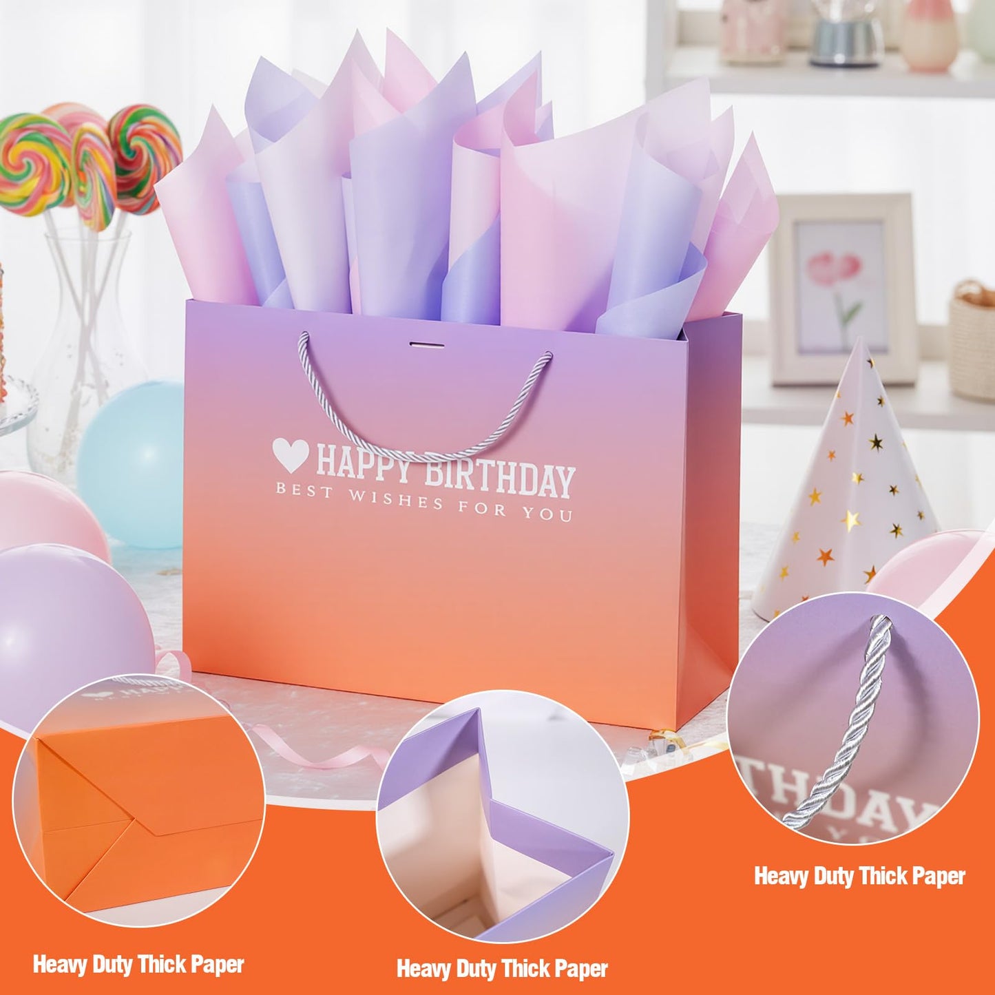 Kecorax Birthday Gift Bag for Women, 14" Large Birthday Bags Set for Girls with Tissue Paper, Card and Ribbons, Suitable for Birthday-themed Parties BST220